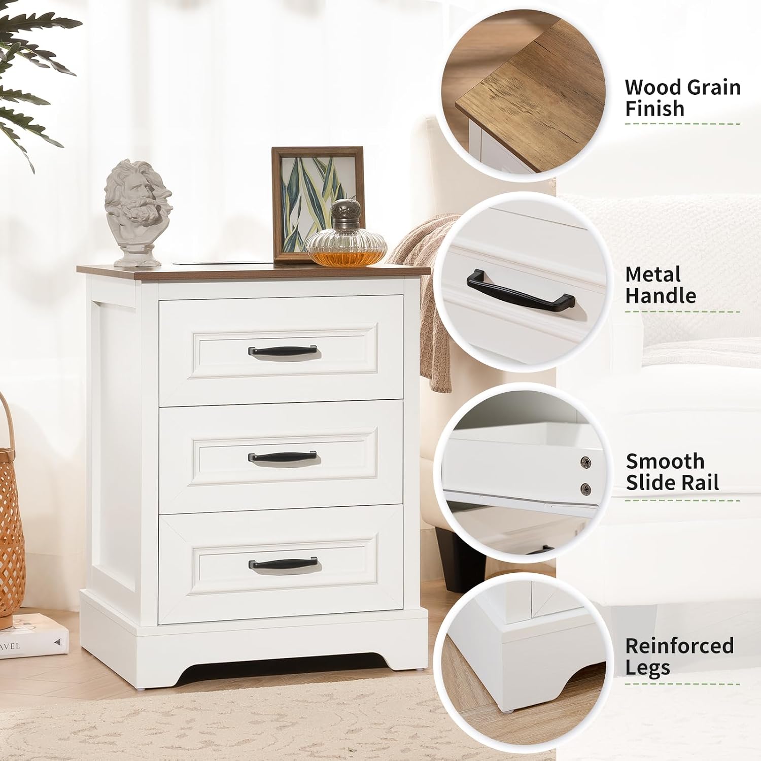 Farmhouse Nightstand with Charging Station- Wood Night Stand Set 2, 3 Drawer Nightstands Set of 2, Bedside Table with Storage, Rustic Night Stands for Bedroom, Closet, 18' Wide, 24' Tall