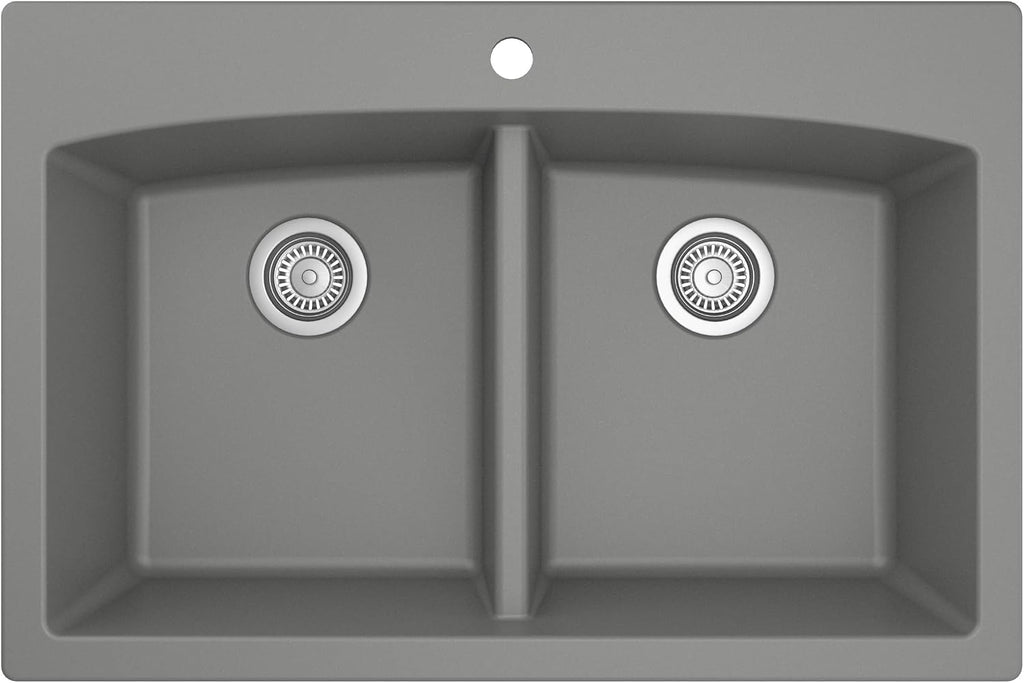 Karran QT-710 33 Inch Top Mount Double Bowl Kitchen Sink, 50/50 Low Divide Quartz Composite Drop-In Sink, Rear Drain, Heat and Scratch Resistant, Grey