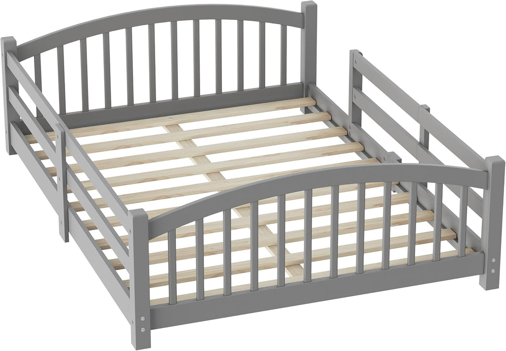 Bellemave Full Size Kids Montessori Floor Bed,Full Size Floor Bed Frame with Slats and Safety Guardrail,Solid Wood Montessori Bed for Girls Boys,Gray