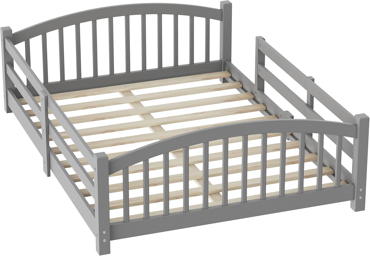 Bellemave Full Size Kids Montessori Floor Bed,Full Size Floor Bed Frame with Slats and Safety Guardrail,Solid Wood Montessori Bed for Girls Boys,Gray
