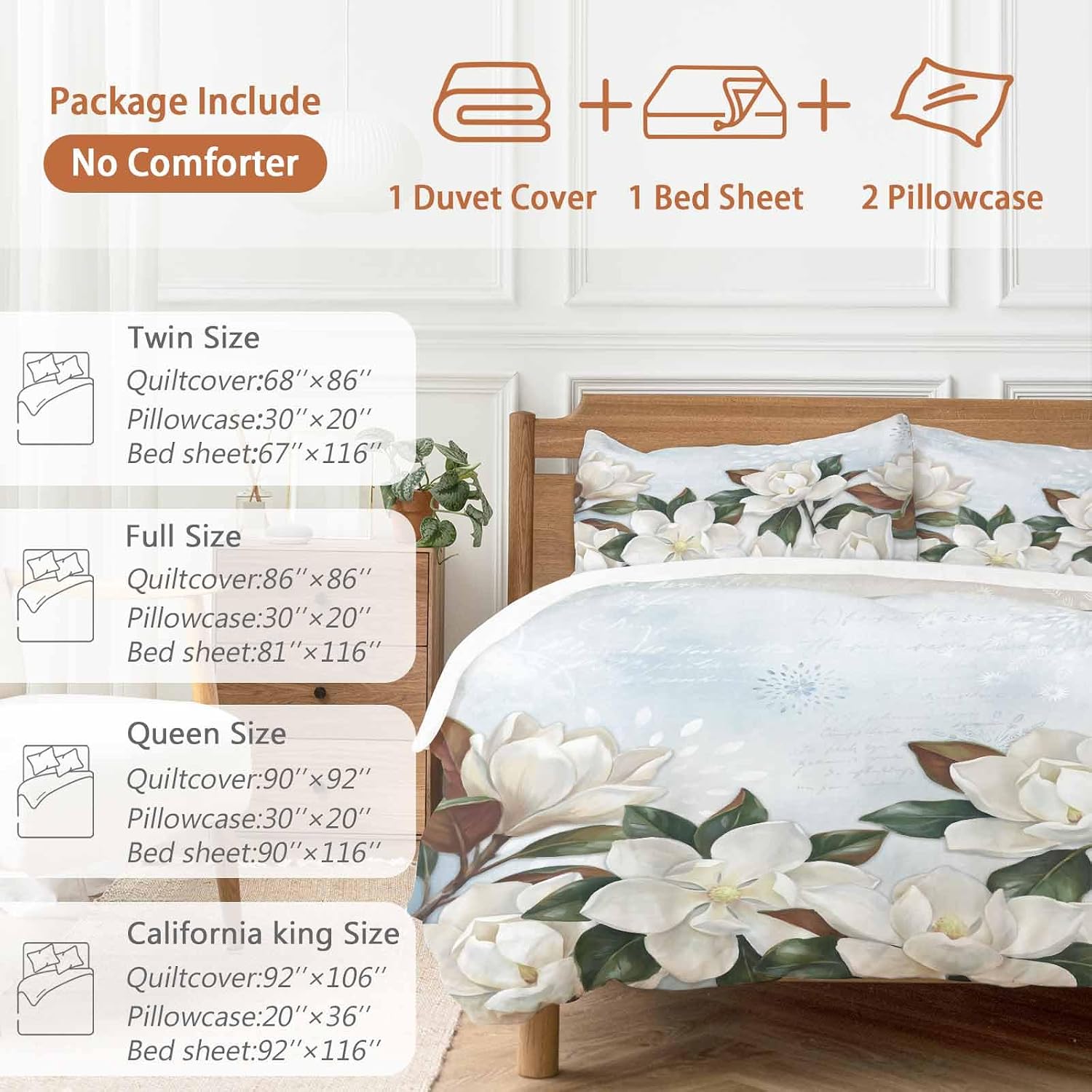 White Magnolia Duvet Cover Set Queen Size 4 Pieces Watercolor Flower Floral Plants Leaf Farmhouse Bedding Set with Zipper Closure, 1 Comforter Cover 92x106 Inches 1 Flat Sheet & 2 Pillow Cases