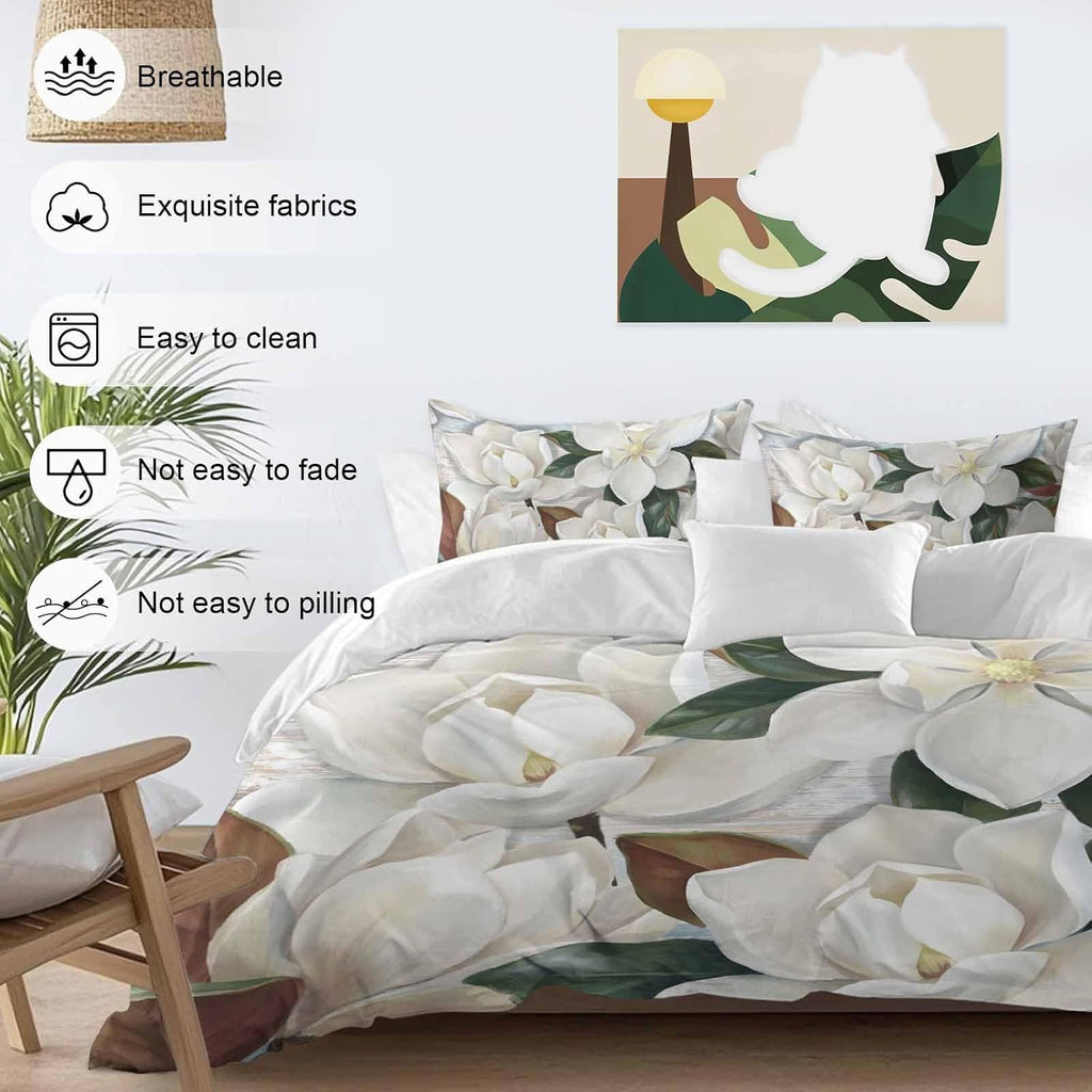 White Floral Duvet Cover Set Queen Size 4 Pieces Spring White Magnolia Vintage Plants Farmhouse Rustic Bedding Set with Zipper Closure, 1 Comforter Cover 92x106 Inches 1 Flat Sheet & 2 Pillow Cases