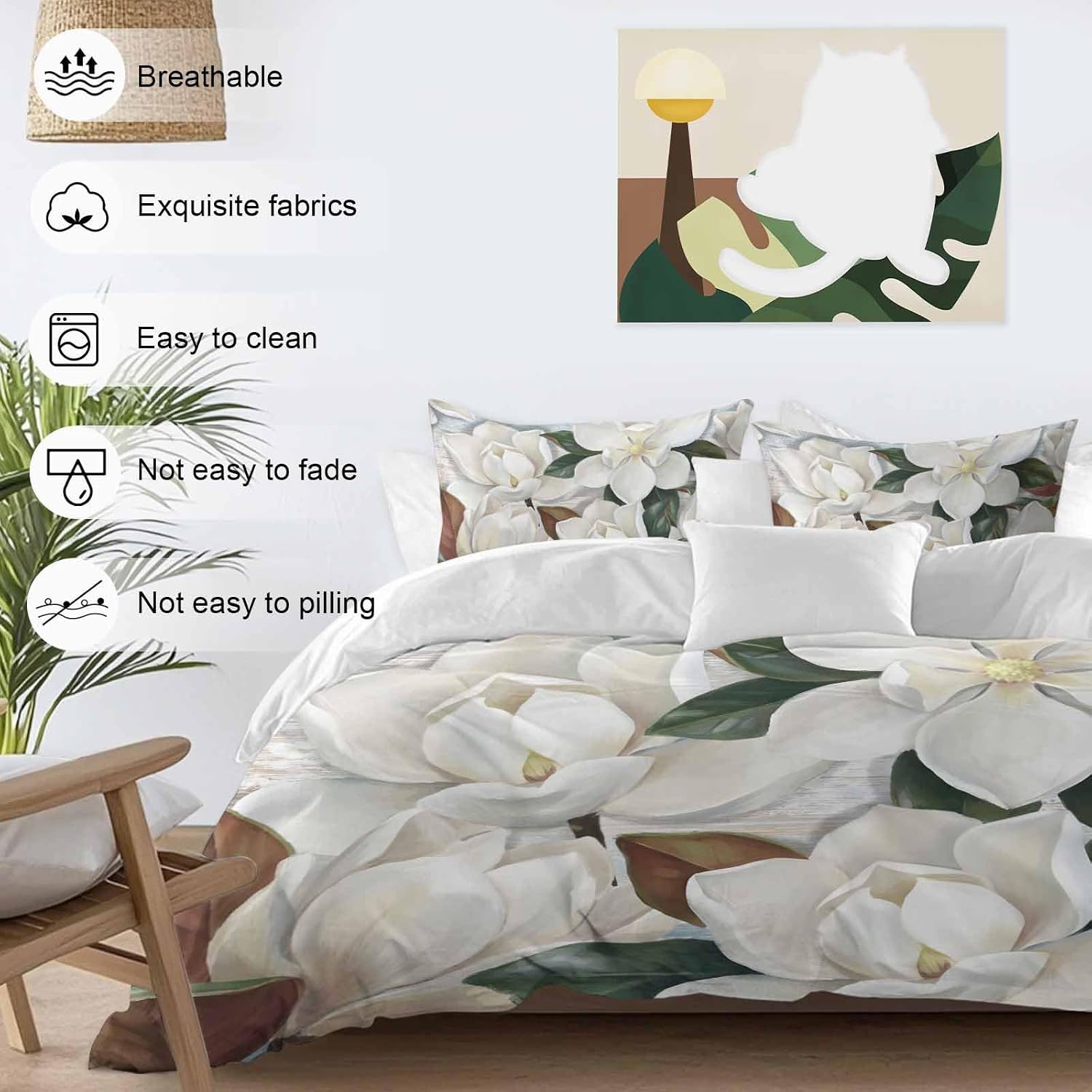 White Floral Duvet Cover Set Queen Size 4 Pieces Spring White Magnolia Vintage Plants Farmhouse Rustic Bedding Set with Zipper Closure, 1 Comforter Cover 92x106 Inches 1 Flat Sheet & 2 Pillow Cases