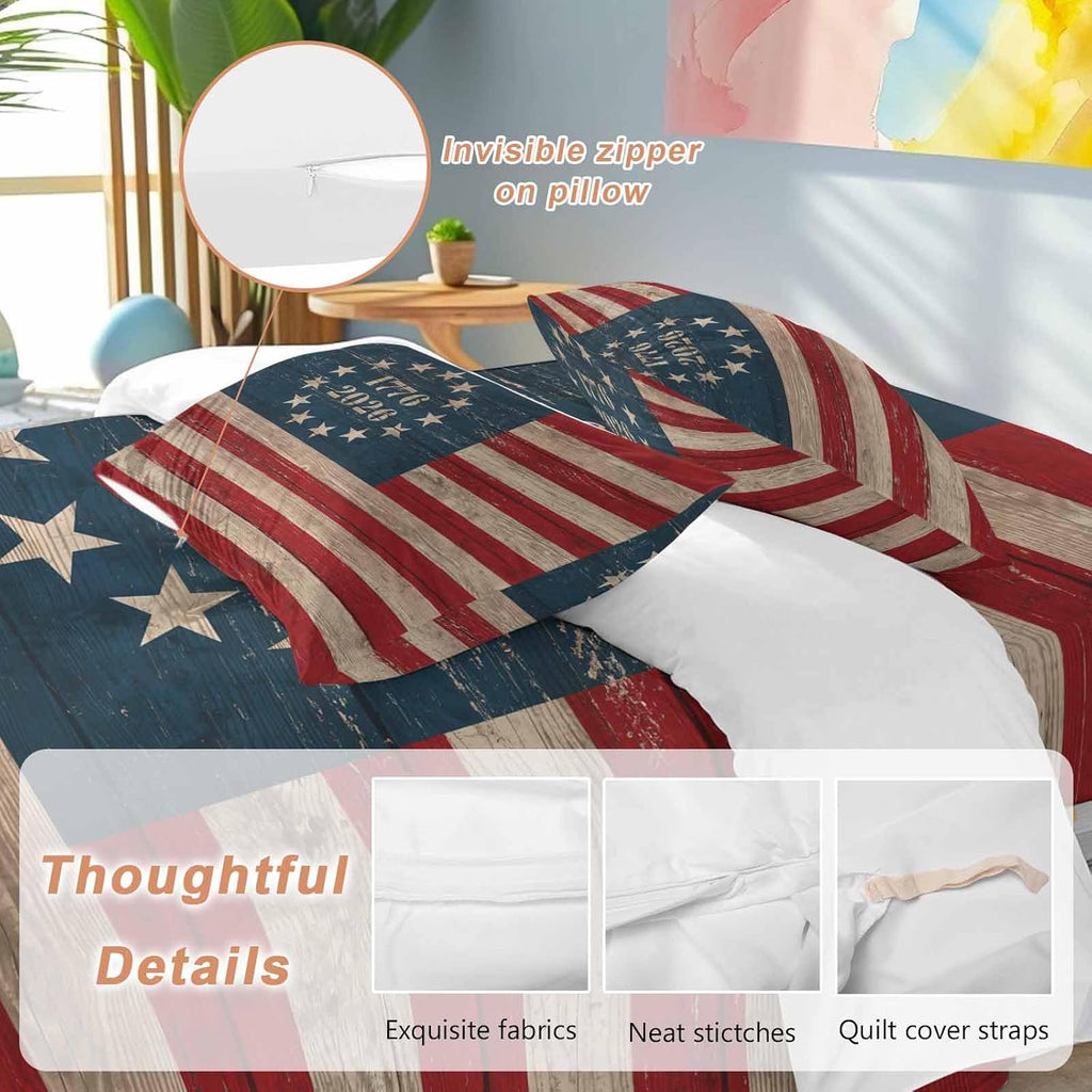 Independence Day Duvet Cover Set Queen Size 4 Pieces Retro American Flag Patriotic Red Blue Stripe Star Bedding Set with Zipper Closure, 1 Comforter Cover 92x106 Inches 1 Flat Sheet & 2 Pillow Cases