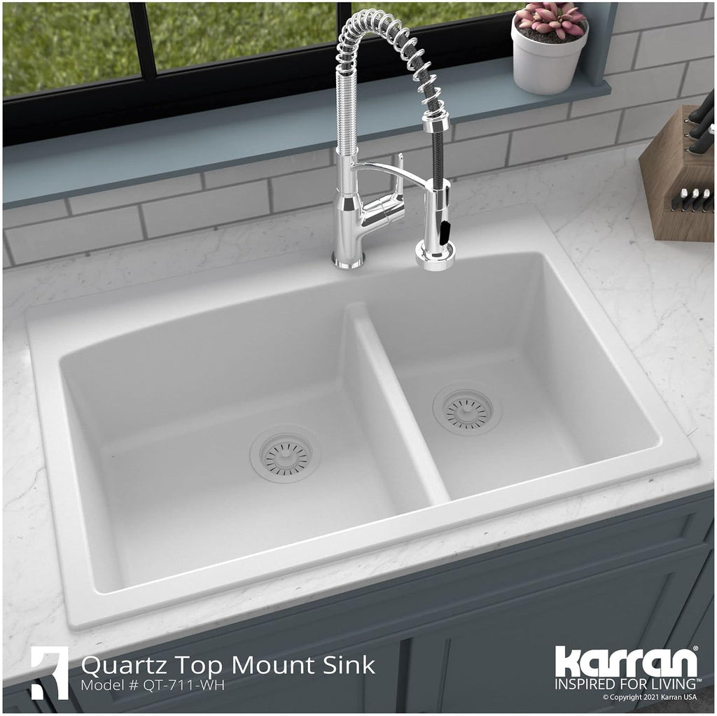Karran 33-Inch Quartz Composite Drop-In 60/40 Low-Divide Double Bowl Kitchen Sink, Top-Mount, White, Heat & Scratch Resistant, Pre-Drilled Faucet Hole