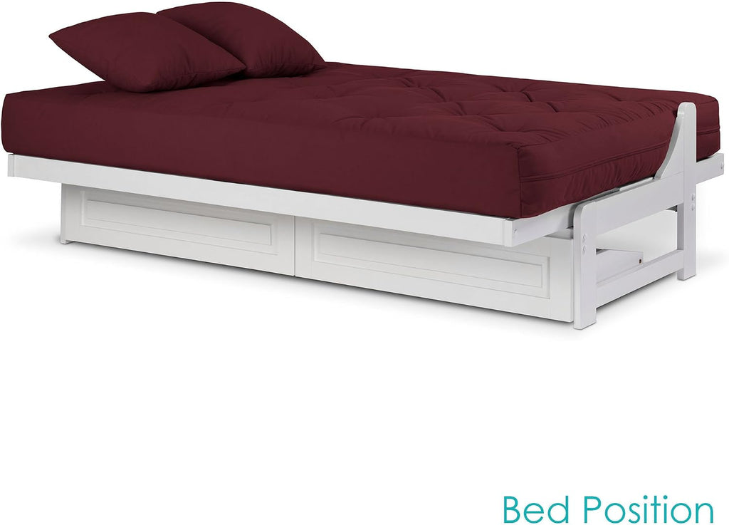 Nirvana Futons Arden White Futon with Storage Drawers Full or Queen Size - Space Saving Armless Design with Comfortable Mattress (Twill Burgundy), Sofa Bed Available in