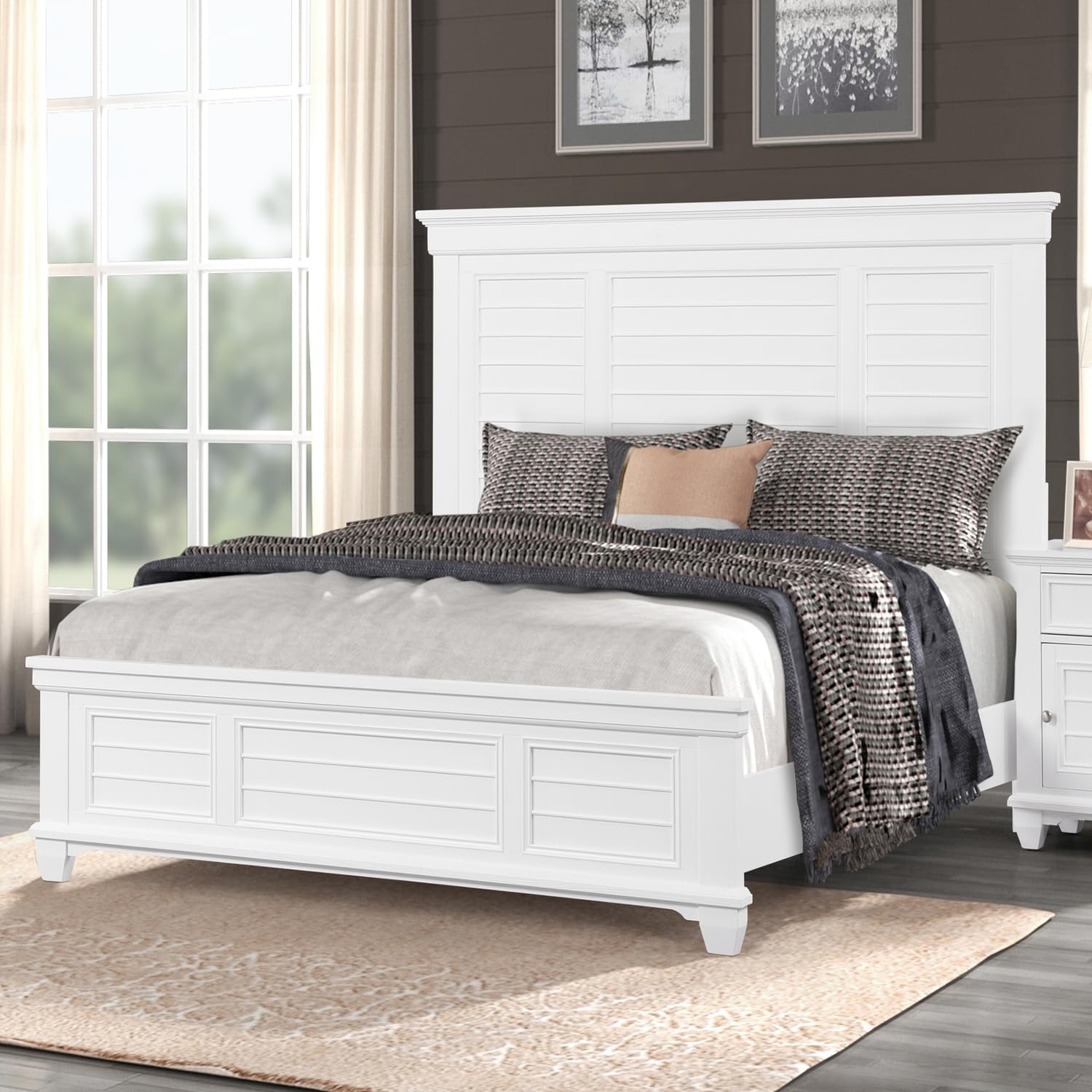 HomeStock Wood Panel Bed with Footboard Storage - Modern Bed Frame for Bedroom White/Queen