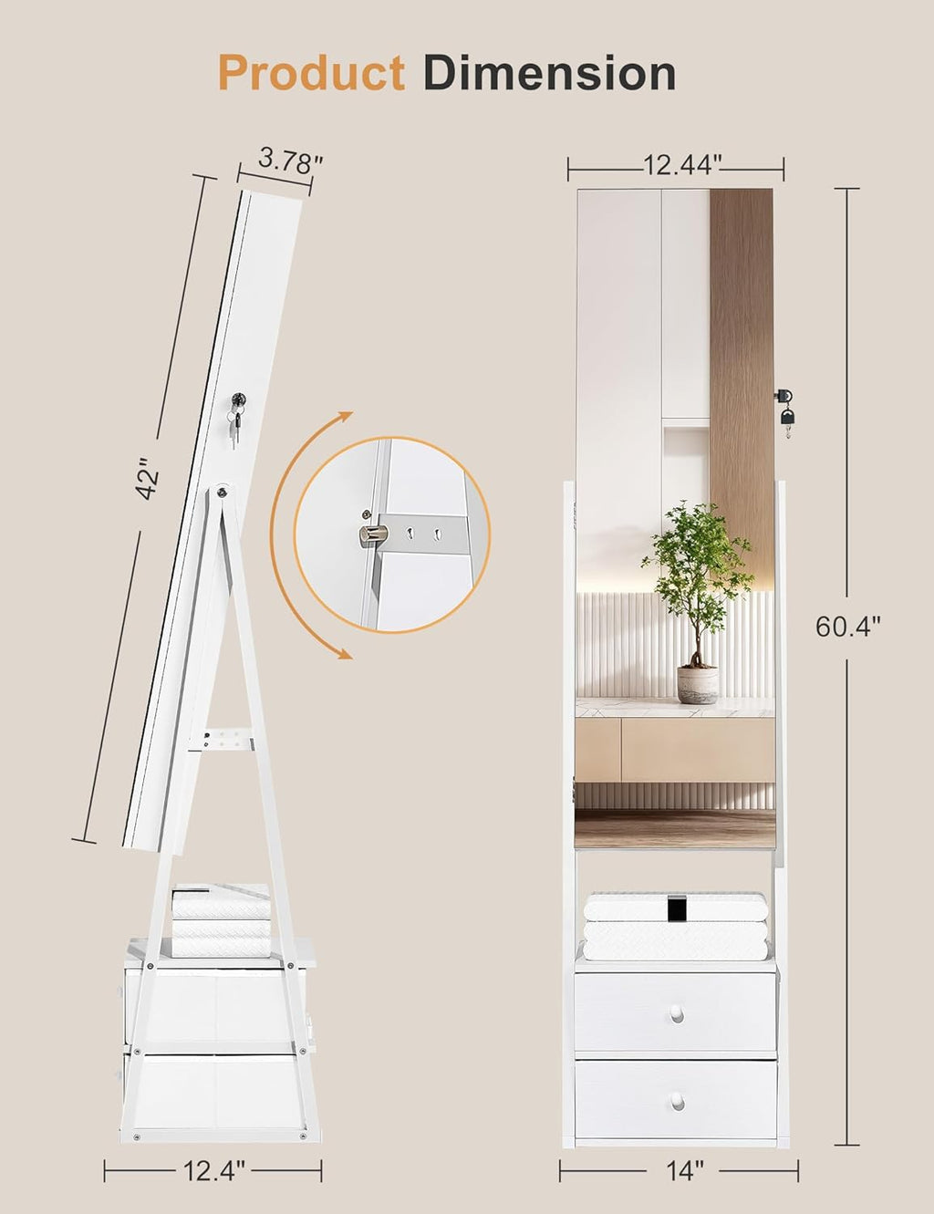 Nicetree Jewelry Cabinet Armoire with 2 Drawers, Lockable Standing Mirror Jewelry Cabinet, Full Length Mirror with Jewelry Storage, Gift Idea, Pure White