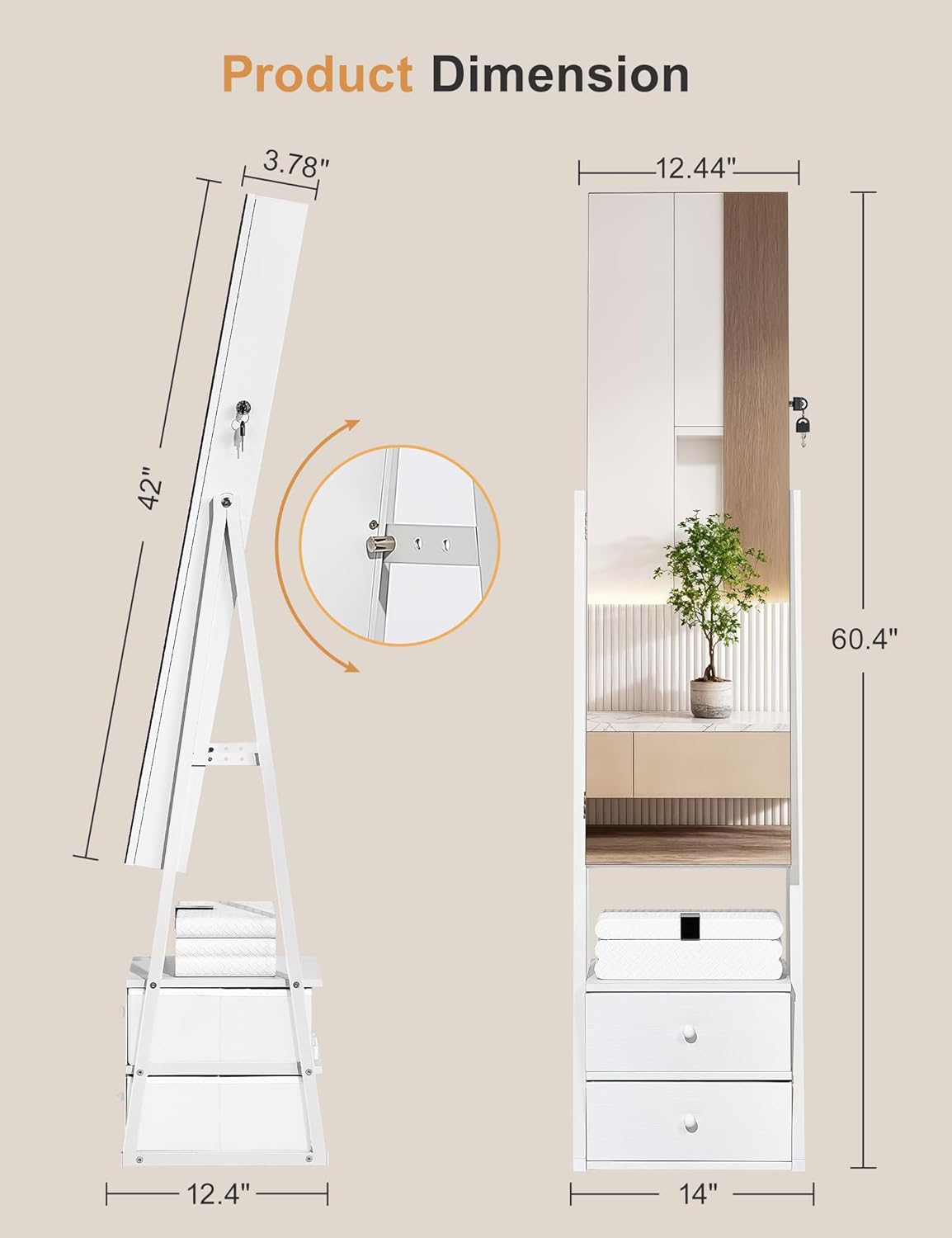 Nicetree Jewelry Cabinet Armoire with 2 Drawers, Lockable Standing Mirror Jewelry Cabinet, Full Length Mirror with Jewelry Storage, Gift Idea, Pure White
