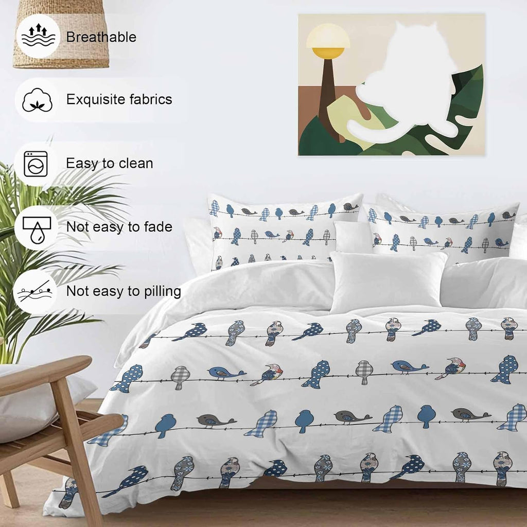 Prime Leader Birds on the Wire Blue Grey Duvet Cover Set Queen Size 4 Pieces Bedding Set with Zipper Closure, 1 Comforter Cover 92x106 Inches 1 Flat Sheet & 2 Pillow Cases