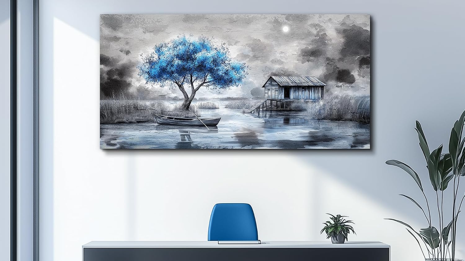 QIYILEXWART Canvas Wall Art For Living Room Large Wall Decor For Office Bedroom Decorations The Blue Tree Pictures The Hut Painting Stretched And Framed Artwork Room Ready To Hang