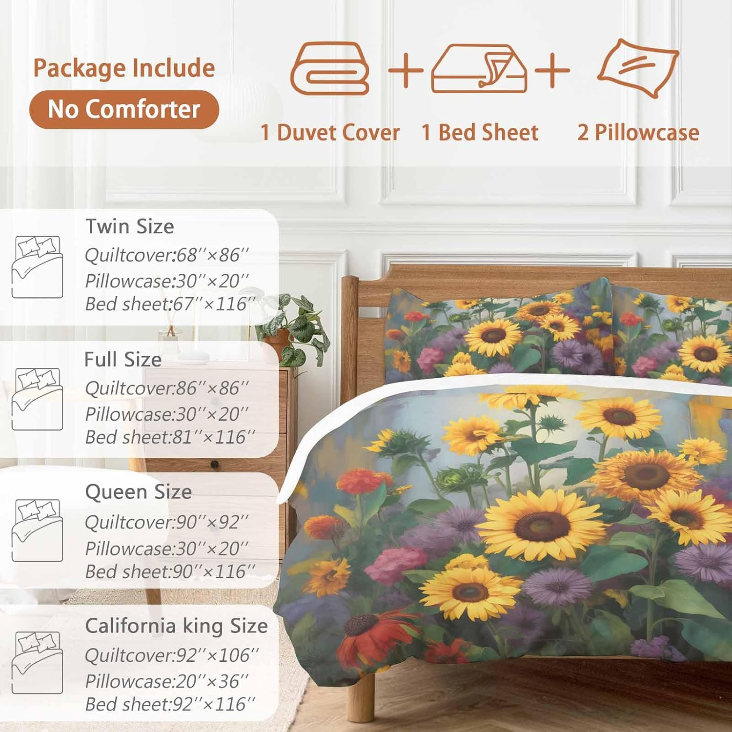 Spring Florals Duvet Cover Set Queen Size 4 Pieces Watercolor Sunflowers Country Green Leaves Bedding Set with Zipper Closure, 1 Comforter Cover 92x106 Inches 1 Flat Sheet & 2 Pillow Cases