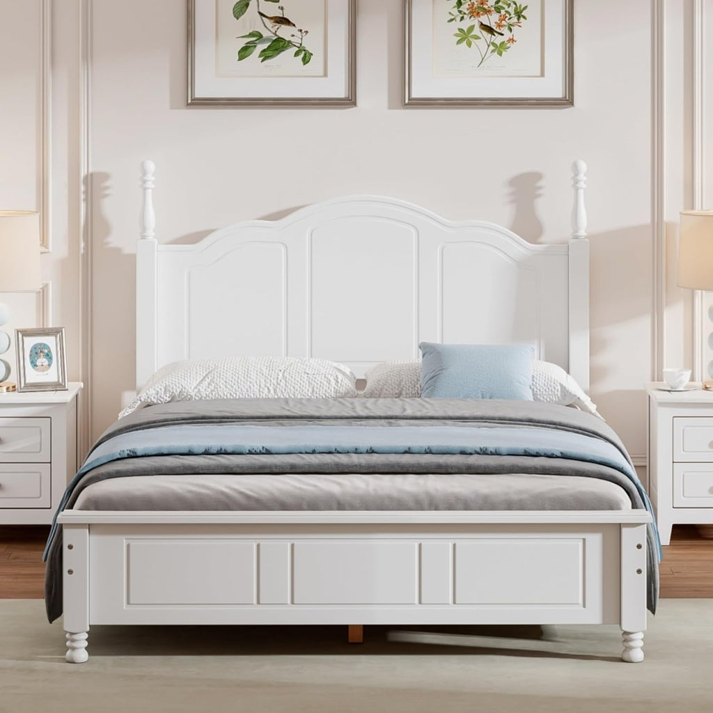 Rustic Farmhouse Bedroom Set with Elegant Curved Headboard, Sturdy Wooden Bed Frame and 2 Nightstands - Classic Country Style Furniture for Master Bedroom,Guest Room (White,Full Bed)