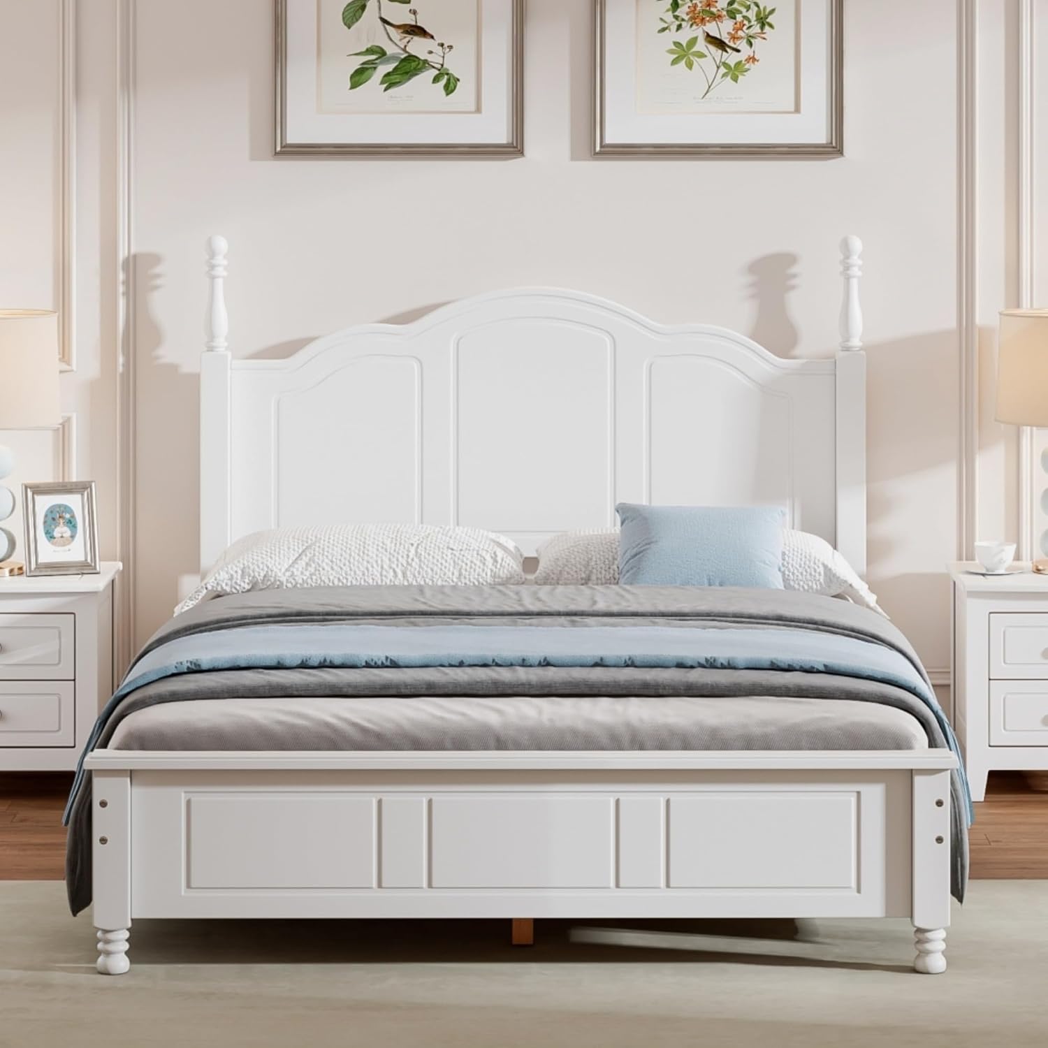 Rustic Farmhouse Bedroom Set with Elegant Curved Headboard, Sturdy Wooden Bed Frame and 2 Nightstands - Classic Country Style Furniture for Master Bedroom,Guest Room (White,Full Bed)