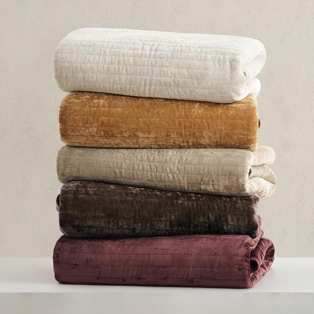EVERGRACE Velvet Quilt Set California King 118'' x 106'', Luxurious Soft Striped Channel Bedding Set, Lightweight Velvet Comforter for All Season, Oversized Bedspread Coverlet w/ 2 Shams, Walnut Brown