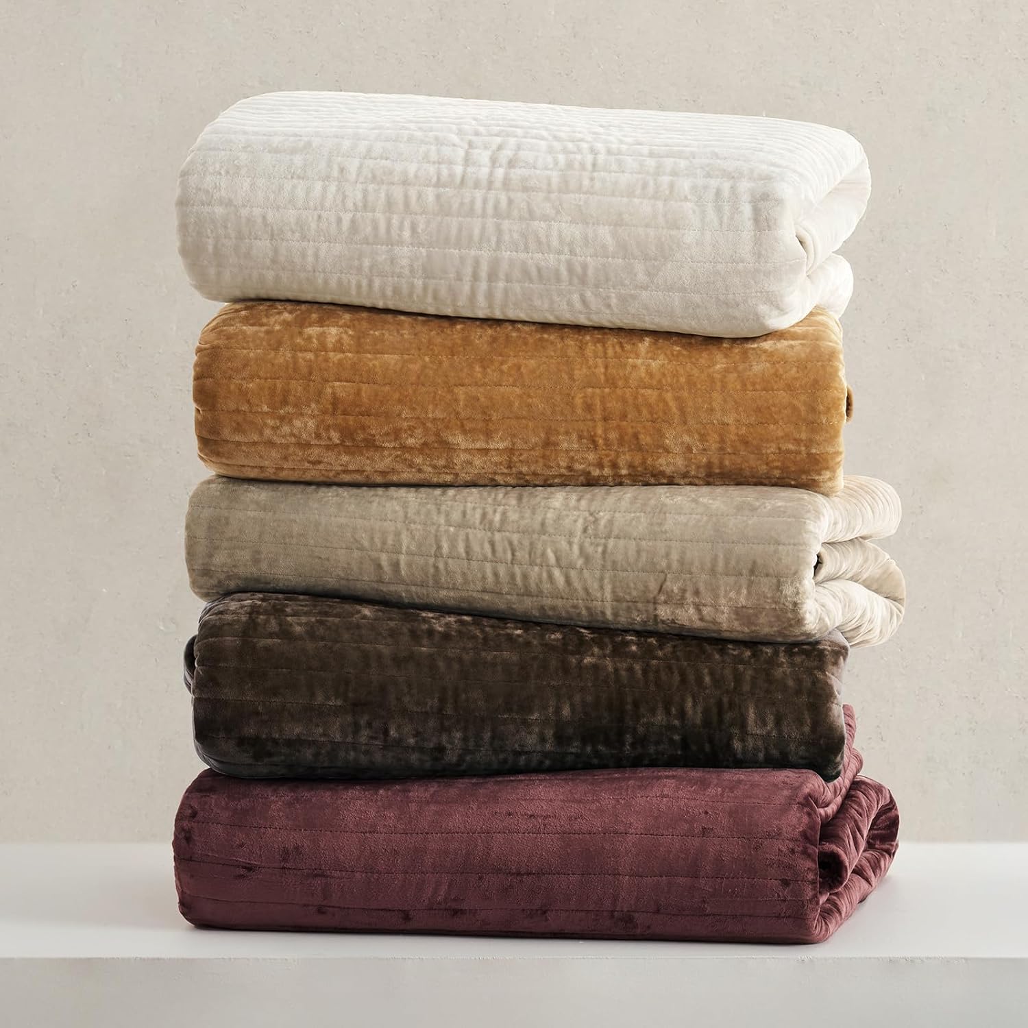 EVERGRACE Velvet Quilt Set California King 118'' x 106'', Luxurious Soft Striped Channel Bedding Set, Lightweight Velvet Comforter for All Season, Oversized Bedspread Coverlet w/ 2 Shams, Walnut Brown
