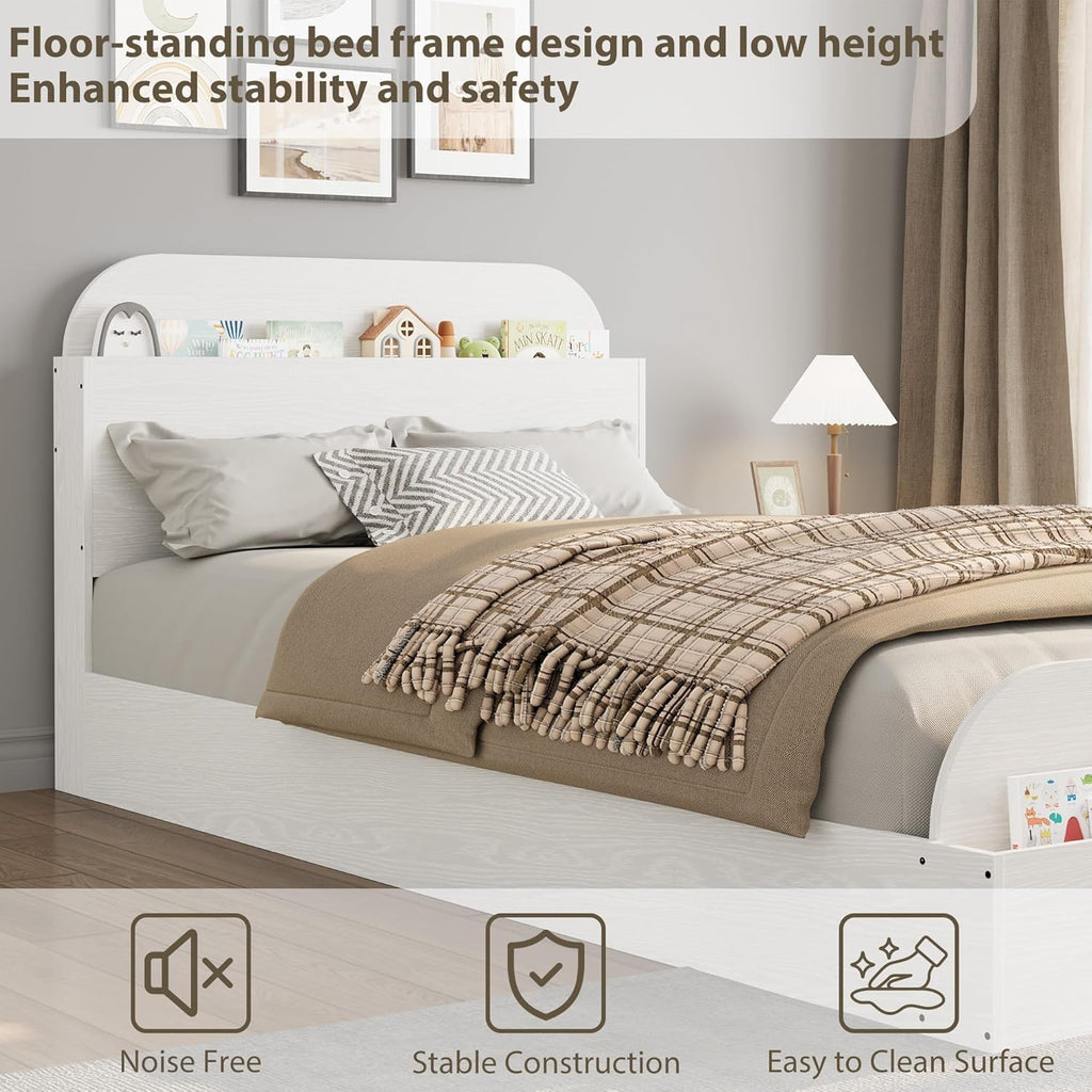GarveeHome Twin XL Size Bed Frame, Wooden Beds with Storage Headboard and Raised-Foodboard, Twin XL-Floor Low Platform Bed for Bedroom, Sturdy Wooden Slats Support, No Box Spring Needed, White