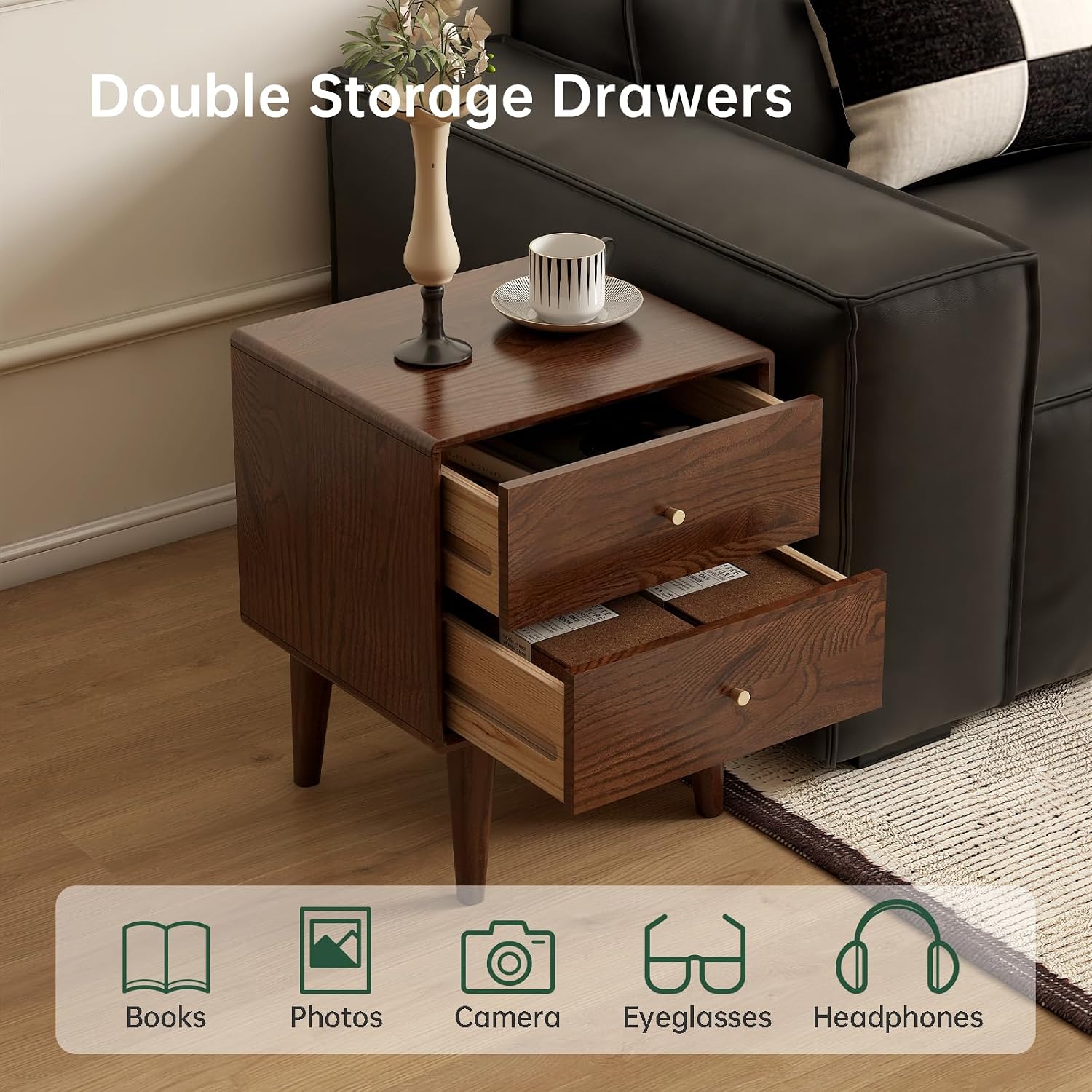 Solid Oak Wood Nightstand with 2 Drawers, Walnut Bedside Tables, Mid Century Modern Nightstand, Small Night Stand for Small Spaces for Bedroom(19.69' H)