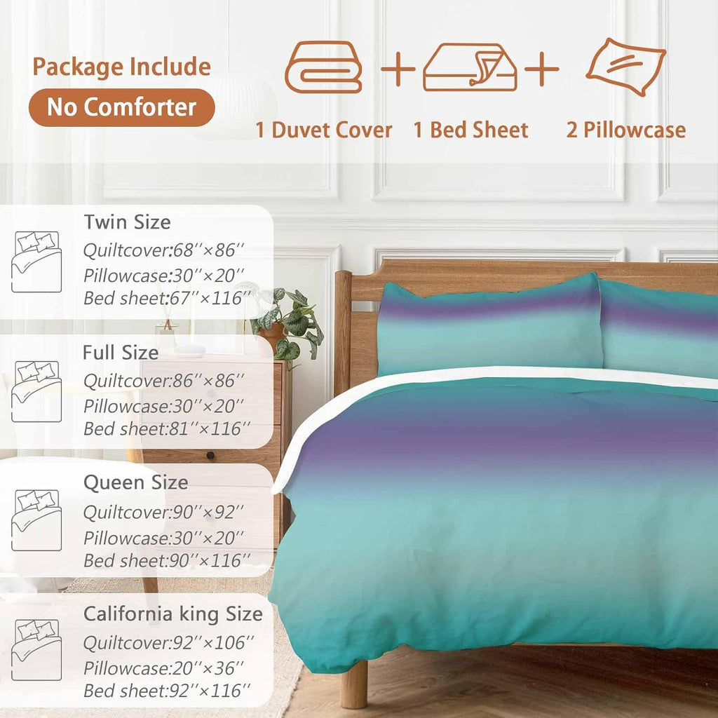 Gradient Green Duvet Cover Set Queen Size 4 Pieces Modern Minimalist Green Purple Ocean Beach Bedding Set with Zipper Closure, 1 Comforter Cover 86x86 Inches 1 Flat Sheet & 2 Pillow Cases