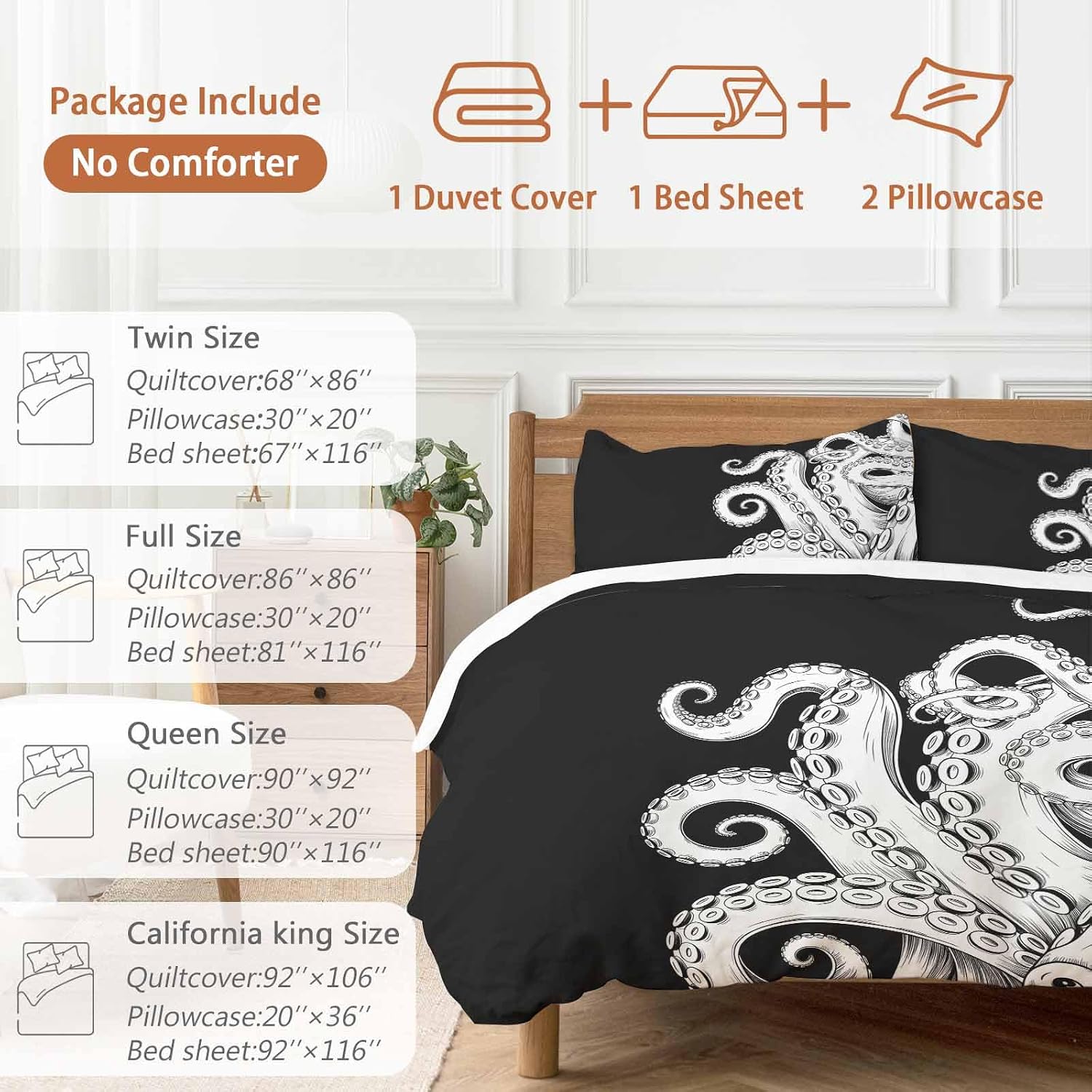 Abstract Octopus Duvet Cover Set Queen Size 4 Pieces Vintage Gray White Octopus Touches Black Background Bedding Set with Zipper Closure, 1 Comforter Cover 92x106 Inches 1 Flat Sheet & 2 Pillow Cases