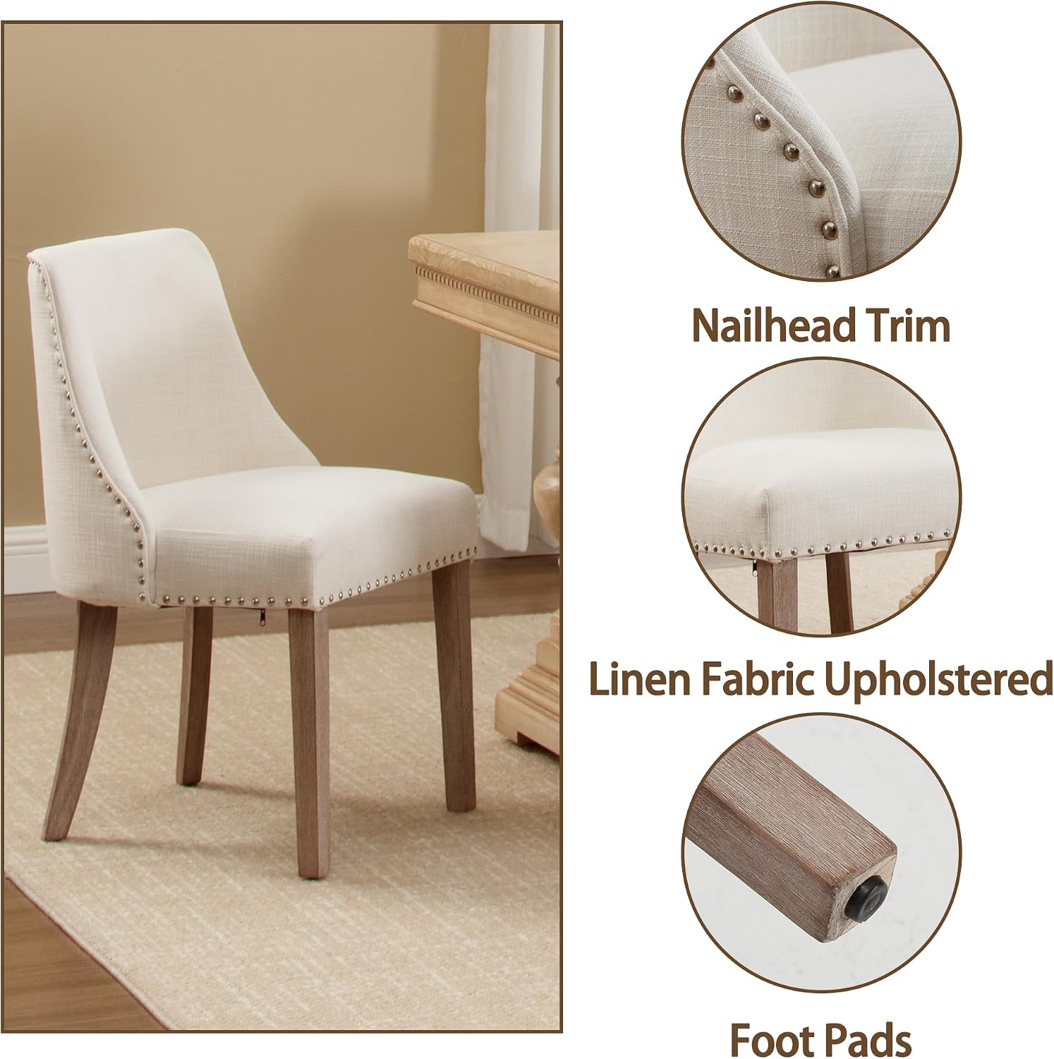 Mid Century Modern Dining Chairs Set of 2 Upholstered Linen Fabric Accent Chairs Wooden Side Chair for Living Room/Dining Room/Bedroom, Cream