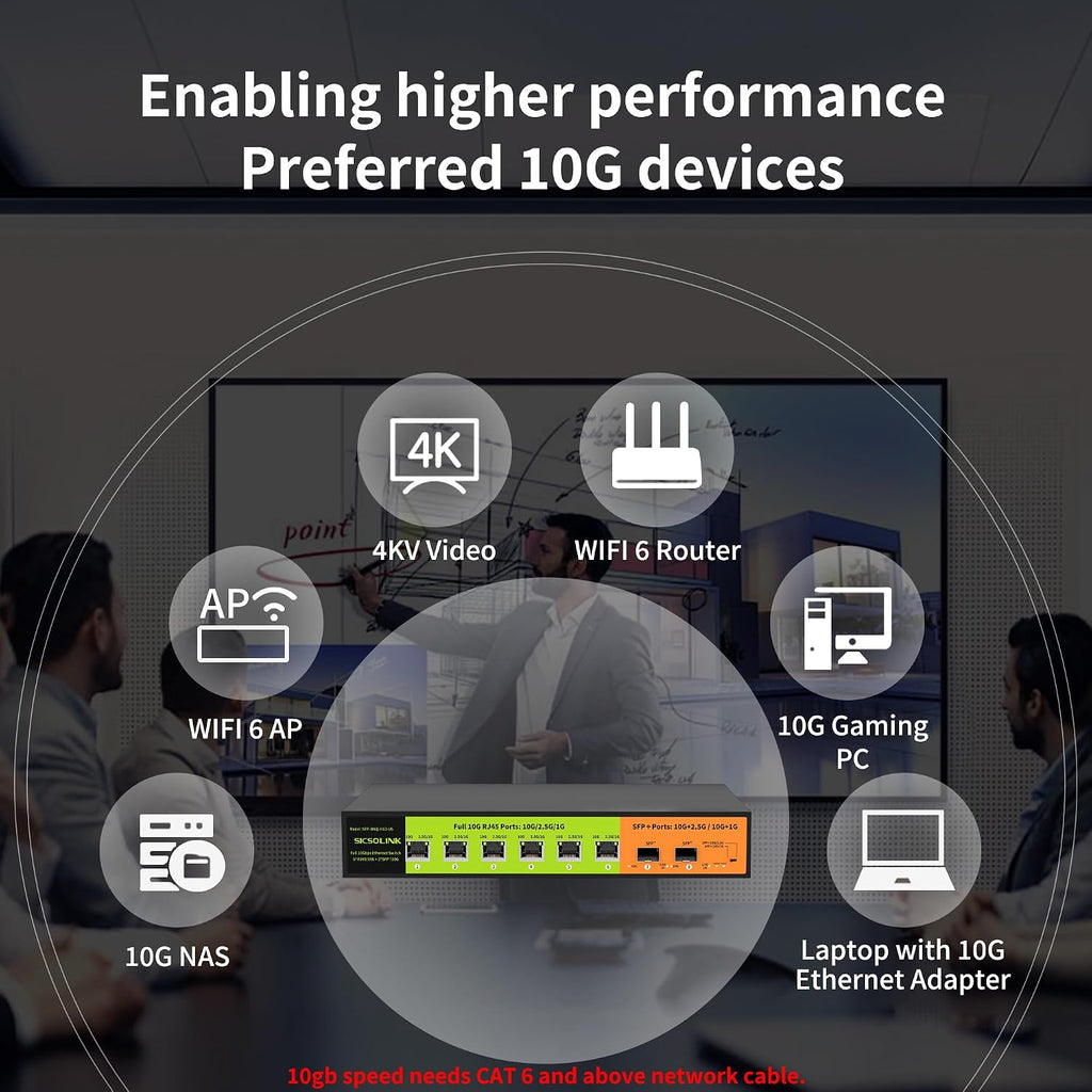 8 Port 10G Unmanaged Ethernet Switch, 6×10G RJ45 + 2×10G SFP+, 160Gbps, Low-Noise Fan, 6KV Surge Protection, Desktop & 19' Rack Mount Plug & Play for NAS, Gaming PC, WiFi 7 Router