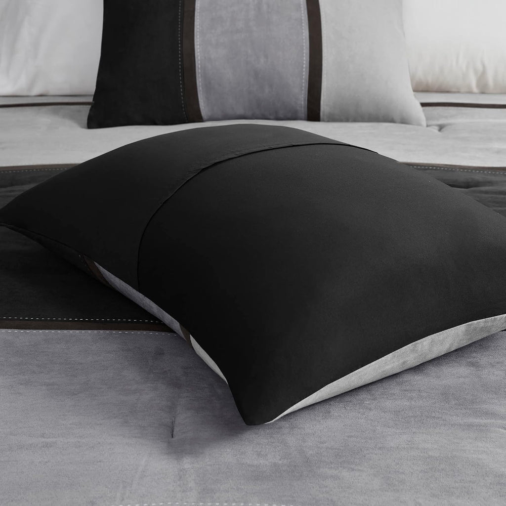Madison Park Palisades Comforter Set Modern Faux Suede Pieced Stripe Design, All Season Down Alternative Cozy Bedding with Matching Shams, Decorative Pillows, Queen(90'x90'), Black 7 Piece