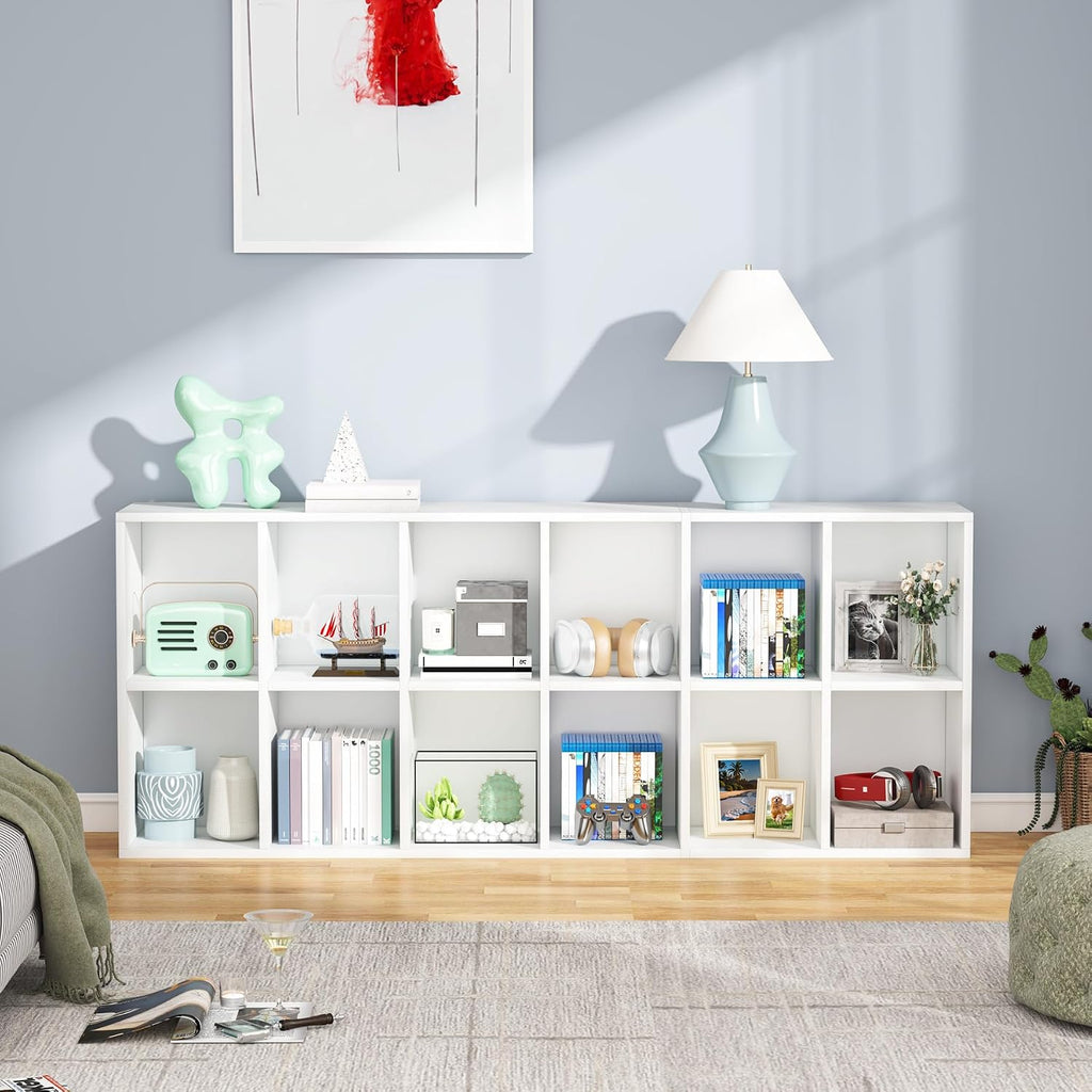 Tribesigns 71.65 Inch Tall Narrow Bookcase Bookshelf, White Modern Bookcase with 12 Cube Storage for Home Office, Vertical or Horizontal