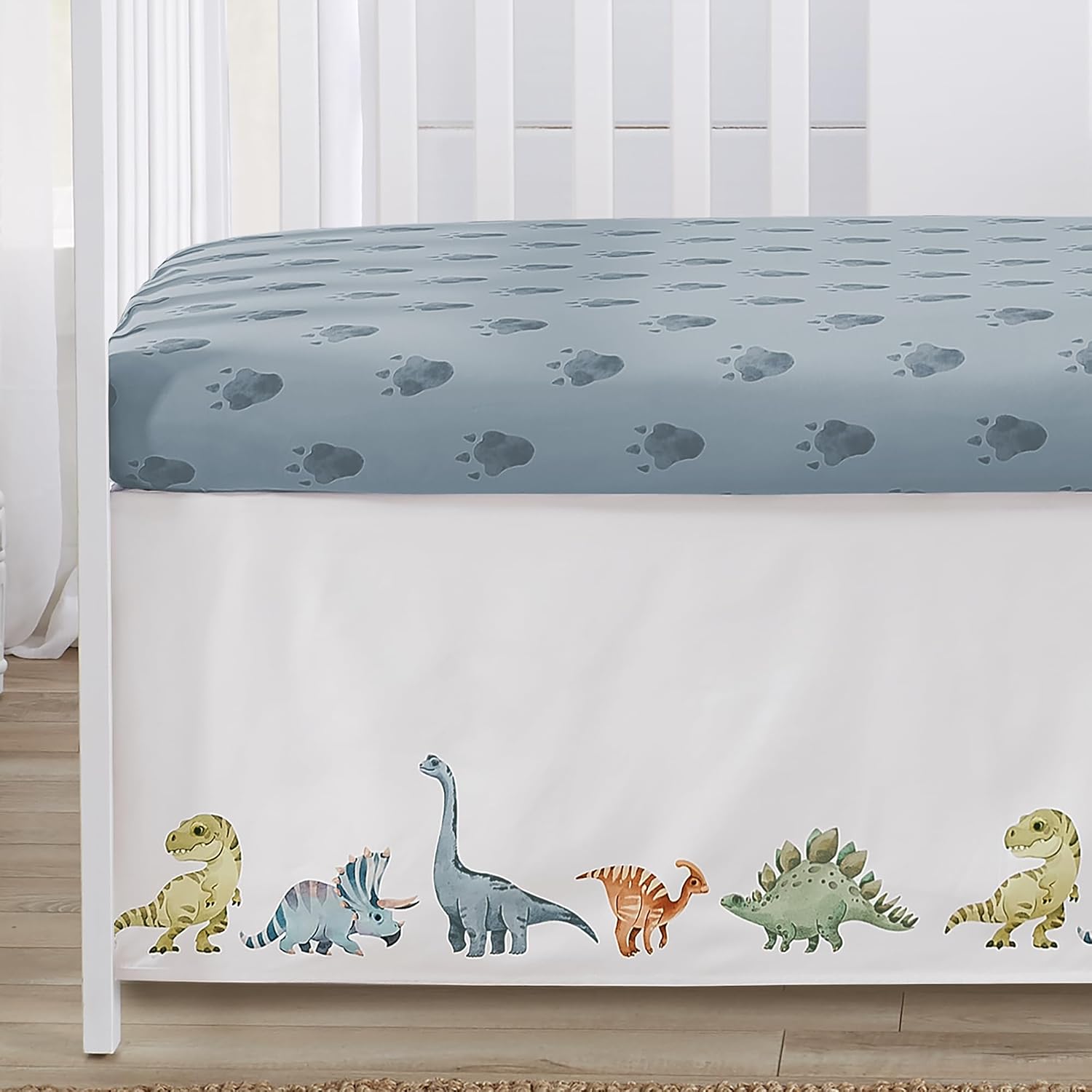 Sweet Jojo Designs Watercolor Dinosaur Dino Boy Baby Crib Bedding Set Infant Nursery Room BreathableBaby Breathable Mesh Crib Liner 6p Green Blue White Modern Dinosaurs Jurassic Animal Track Footprint