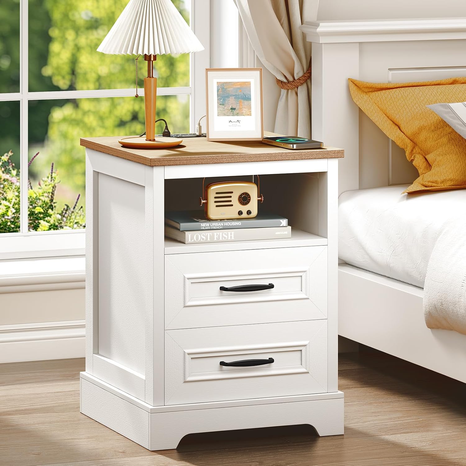 Farmhouse Nightstand with Charging Station- Wood Night Stand Set 2, 2 Drawer Nightstands Set of 2, Bedside Table with Storage, Rustic Night Stands for Bedroom, Closet, 18' Wide, 24' Tall