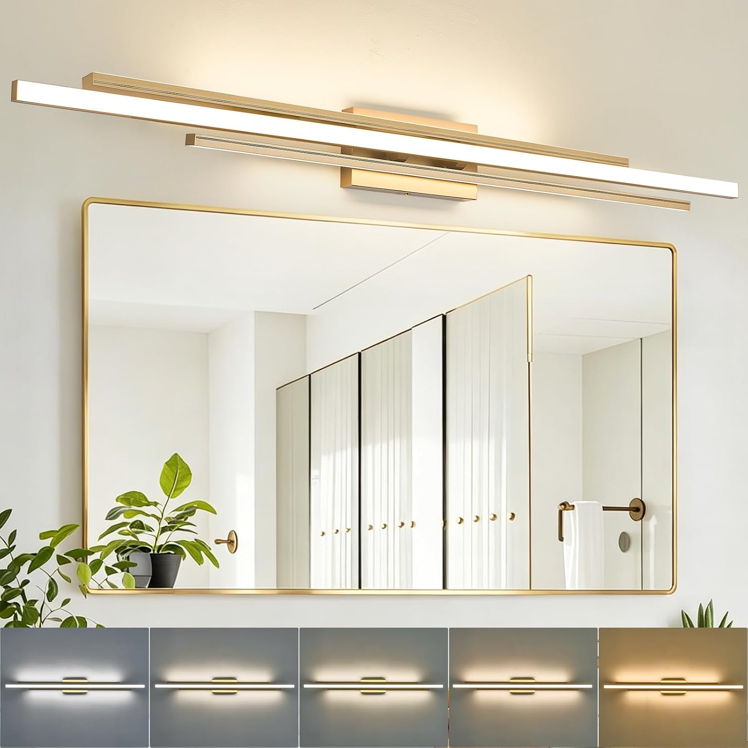 VitaLink 48' Gold LED Bathroom Light Fixtures Long Vanity Lights Over Mirror Lighting Lamps Wall Mount Lighting Over Vanity Picture Indoor 5CCT(3000K/3800K/4500K/5200K/6000K)