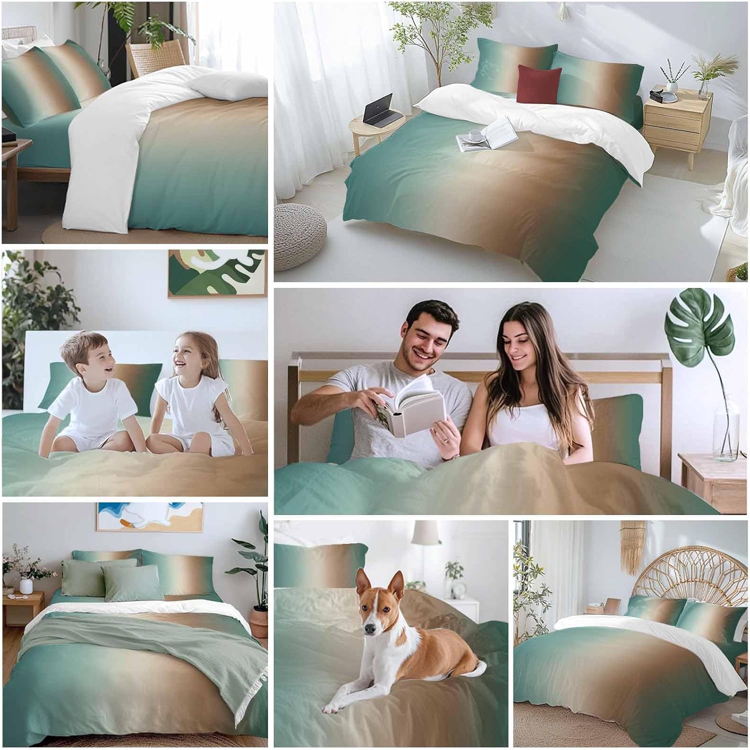 Prime Leader Gradient Green Duvet Cover Set Queen Size 4 Pieces Modern Minimalist Brown Green Ocean Beach Bedding Set with Zipper Closure, 1 Comforter Cover 90x92 Inches 1 Flat Sheet & 2 Pillow Cases
