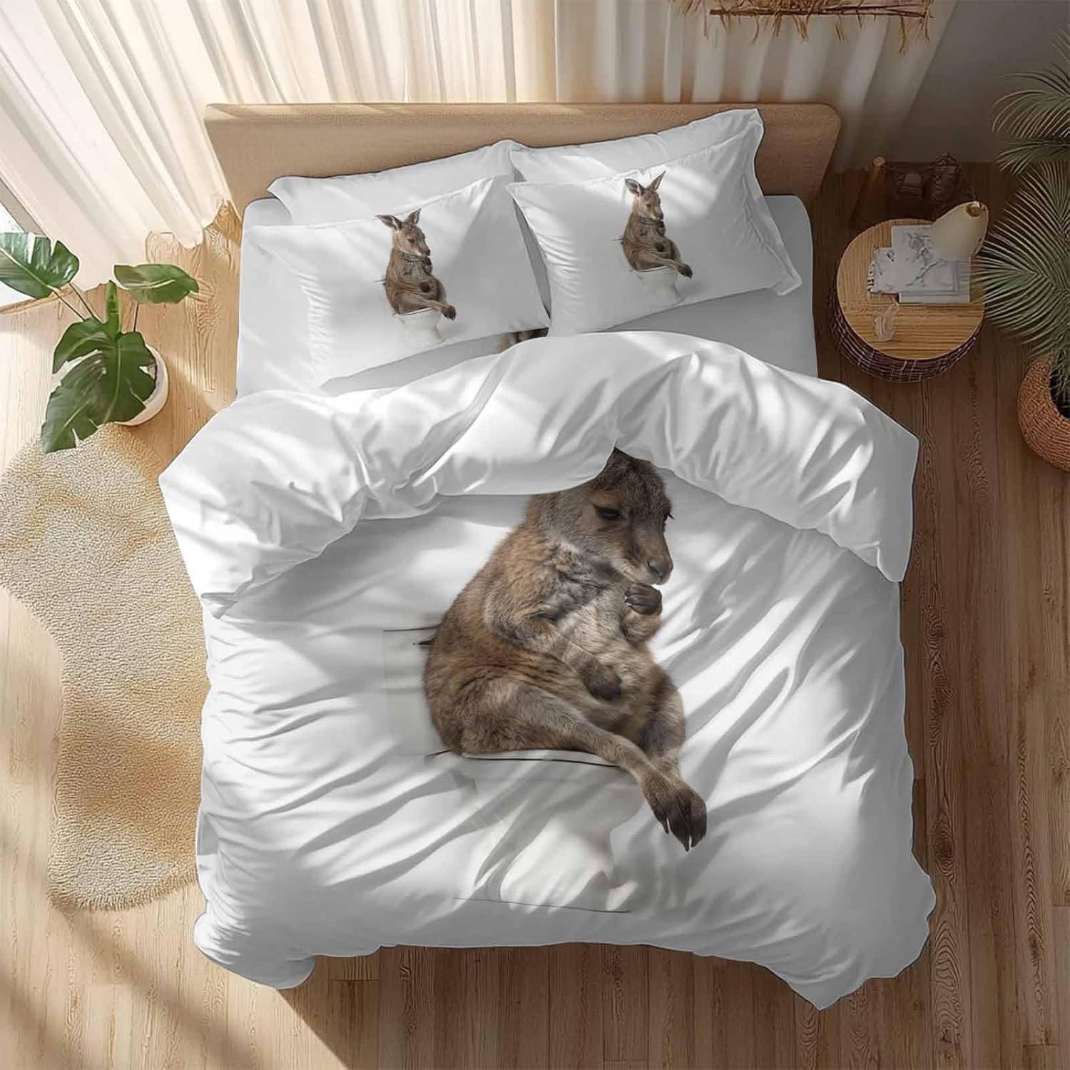 Kangaroo Sitting on The Toilet Thinking Duvet Cover Set Queen Size 4 Pieces Abstract Funny Animal Bedding Set with Zipper Closure, 1 Comforter Cover 86x86 Inches 1 Flat Sheet & 2 Pillow Cases
