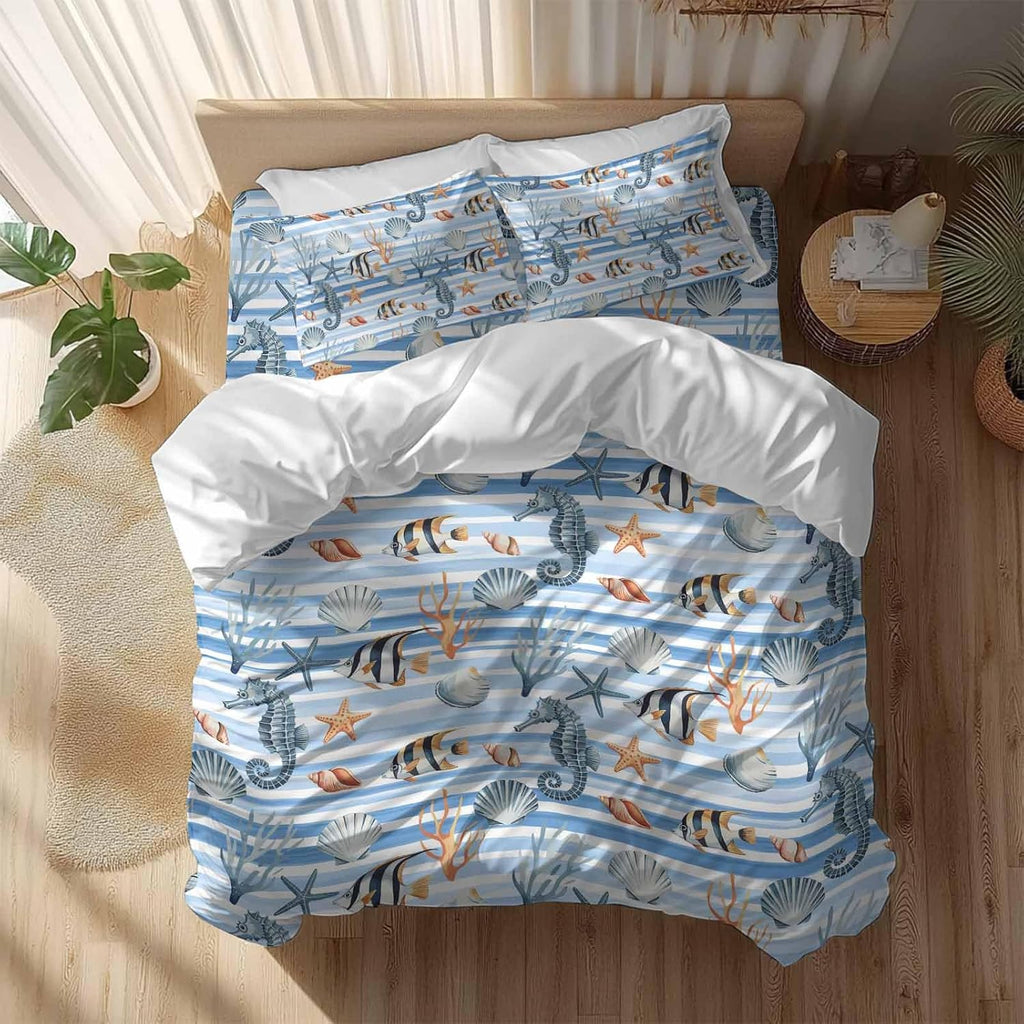Summer Marine Life Duvet Cover Set Queen Size 4 Pieces Seahorses Corals Tropical Fish Blue Striped Bedding Set with Zipper Closure, 1 Comforter Cover 92x106 Inches 1 Flat Sheet & 2 Pillow Cases