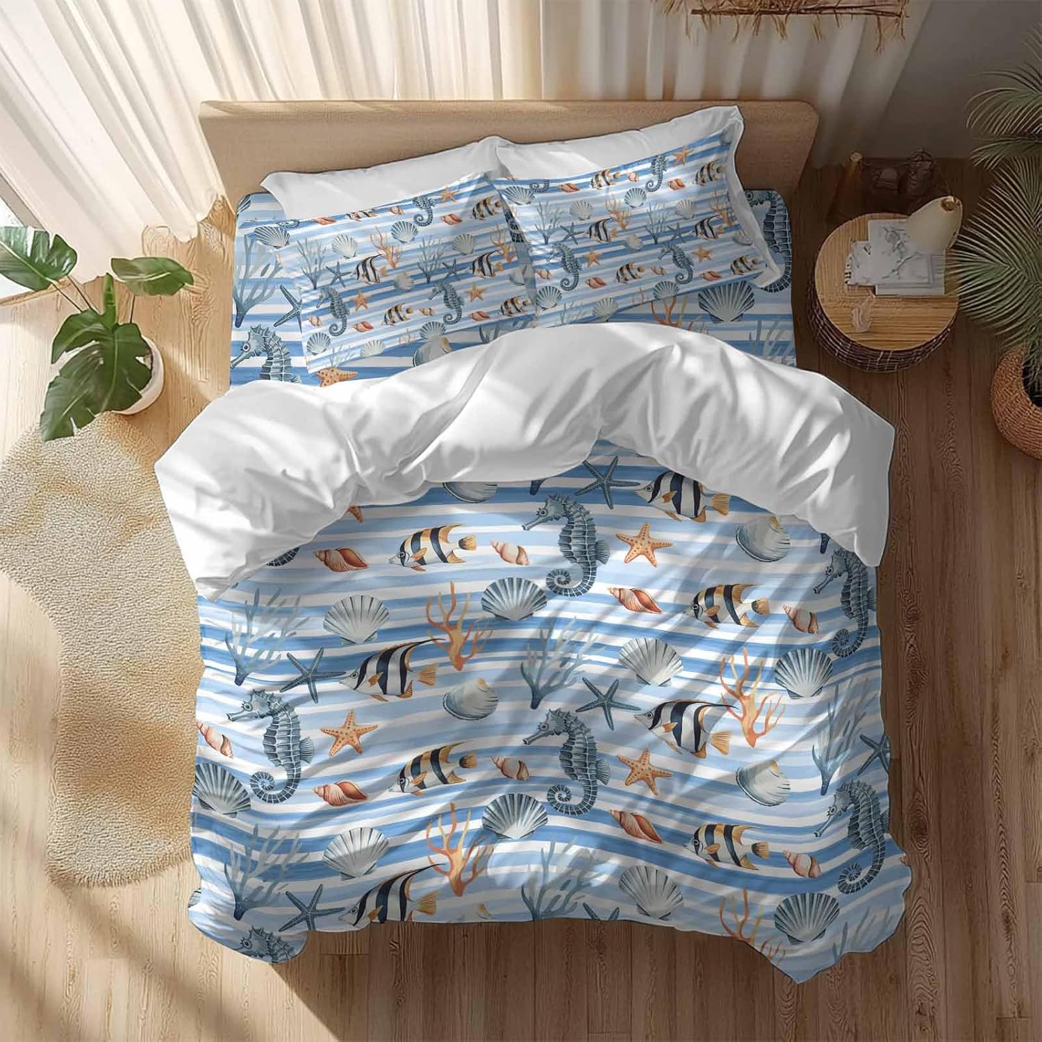 Summer Marine Life Duvet Cover Set Queen Size 4 Pieces Seahorses Corals Tropical Fish Blue Striped Bedding Set with Zipper Closure, 1 Comforter Cover 92x106 Inches 1 Flat Sheet & 2 Pillow Cases