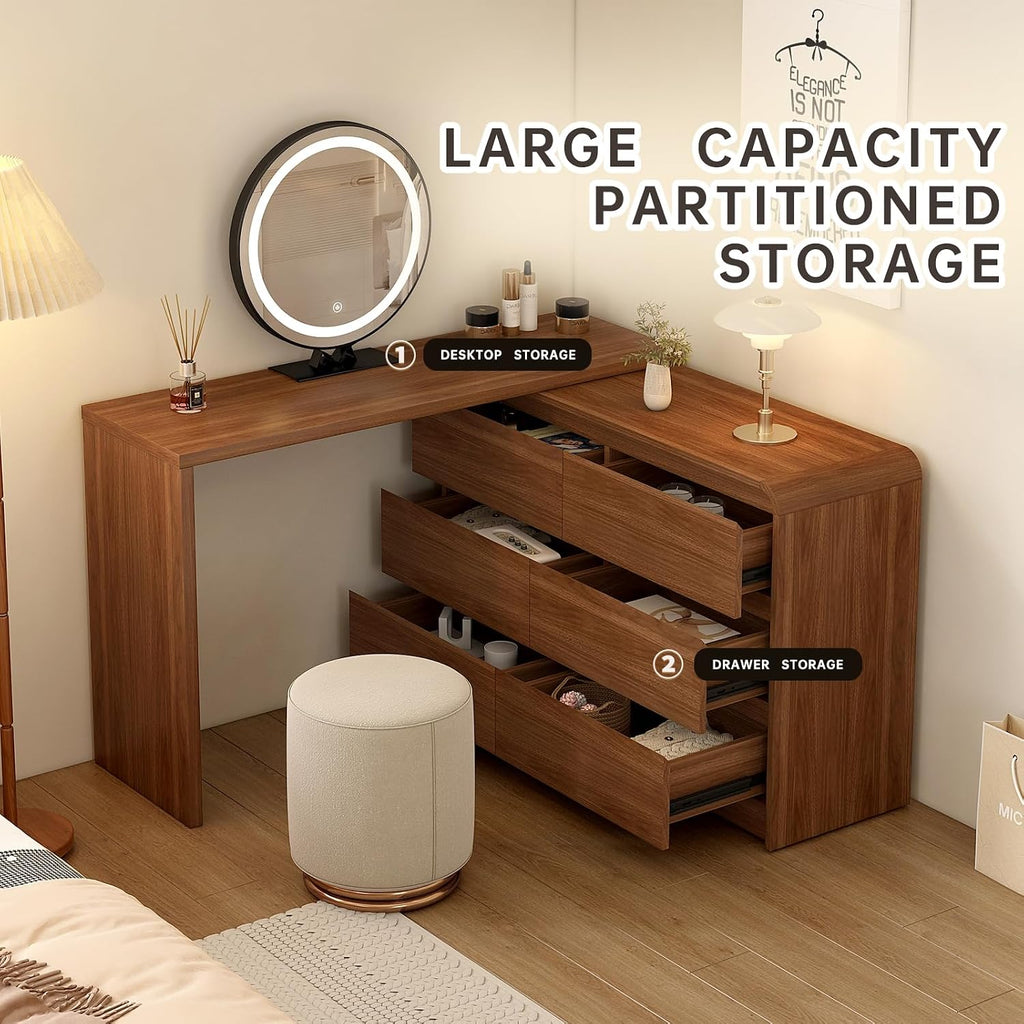 Messenya Makeup Vanity Desk with Full Aluminum HD Lighted Mirror, 50-90in Extendable Modern Vanity Table Set with Chair, 6-Drawer Storage Cabinet with Rounded Corners, Bedroom Dressing Table, Brown