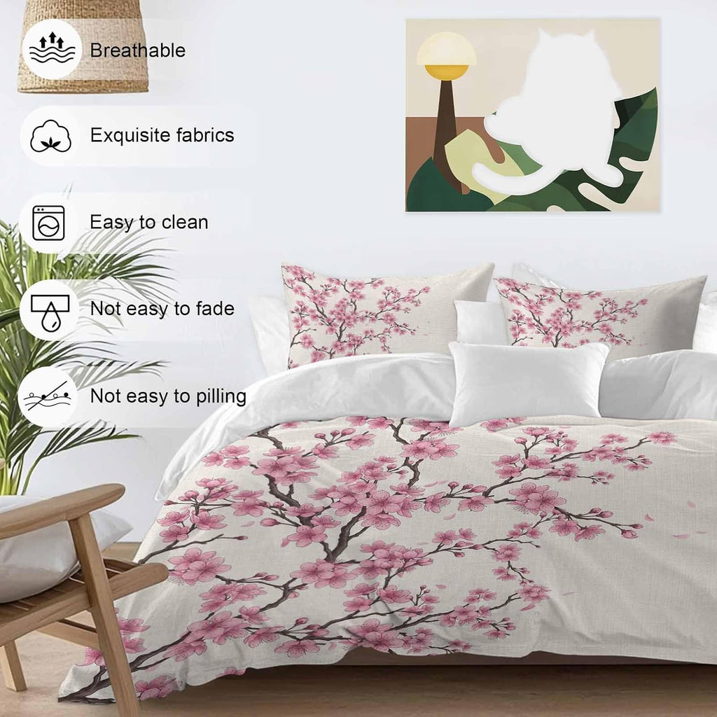 Pink Cherry Flowers Duvet Cover Set Queen Size 4 Pieces Watercolor Floral Tree Branches Linen Texture Bedding Set with Zipper Closure, 1 Comforter Cover 92x106 Inches 1 Flat Sheet & 2 Pillow Cases