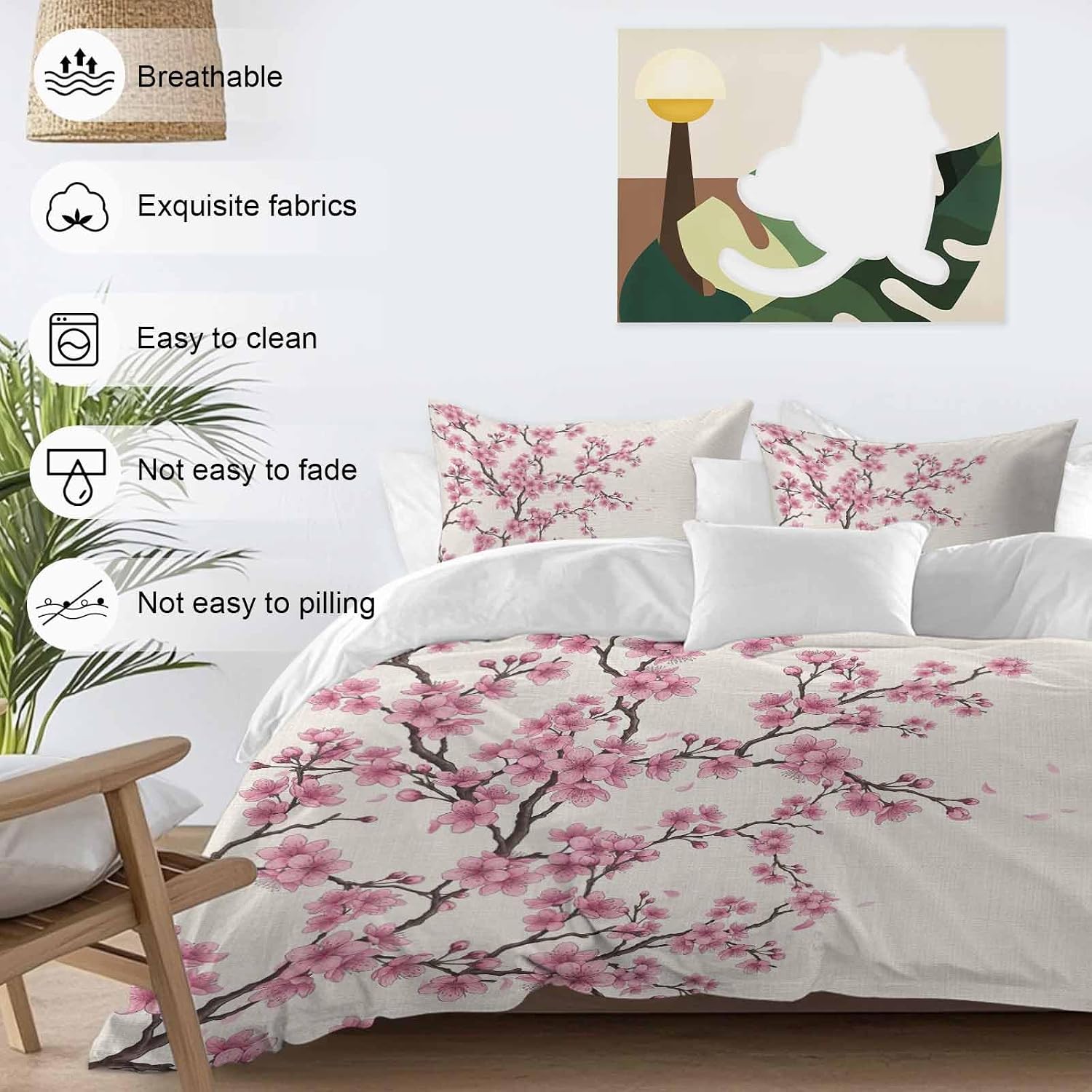 Pink Cherry Flowers Duvet Cover Set Queen Size 4 Pieces Watercolor Floral Tree Branches Linen Texture Bedding Set with Zipper Closure, 1 Comforter Cover 92x106 Inches 1 Flat Sheet & 2 Pillow Cases