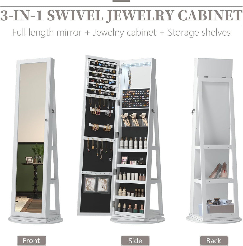LVSOMT Mirror Jewelry Cabinet Standing, 360° Swivel Jewelry Armoire with 6 LED Lights and Interior Mirror, Full Length Mirror with Storage, Standing Lockable Jewelry Organizer, White