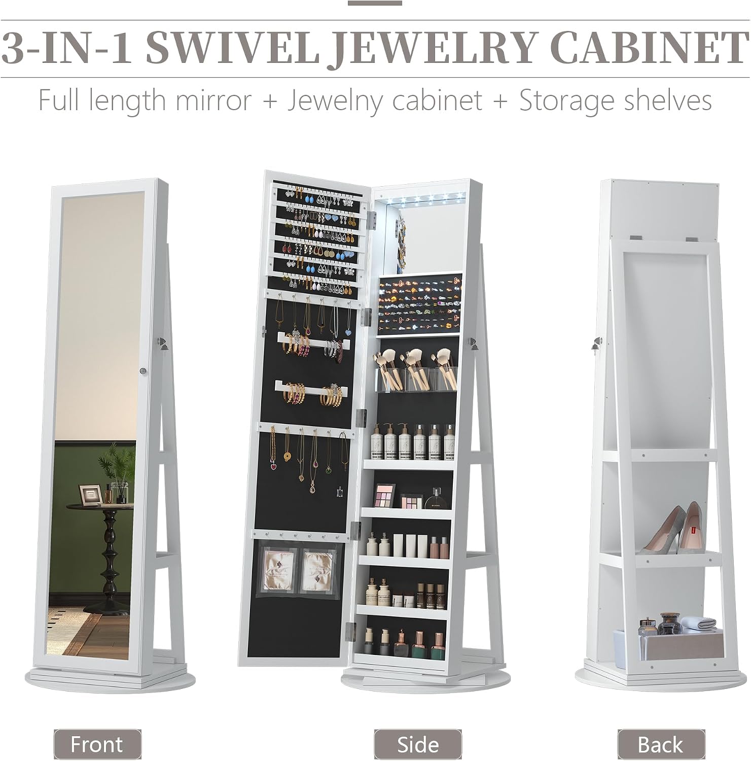 LVSOMT Mirror Jewelry Cabinet Standing, 360° Swivel Jewelry Armoire with 6 LED Lights and Interior Mirror, Full Length Mirror with Storage, Standing Lockable Jewelry Organizer, White