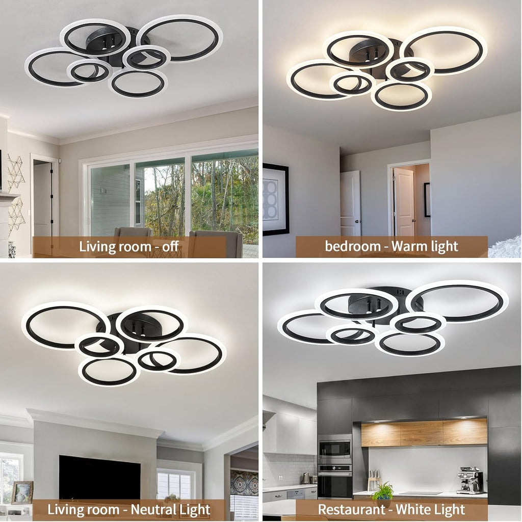 Shine LUEST 6 Rings Black Modern LED Ceiling Light Fixture, Flush Mount Ceiling Light with Remote Dimmable Brightness, Adjustable 3000-6000K Color Temperature, Timer for Living Room, Bedroom