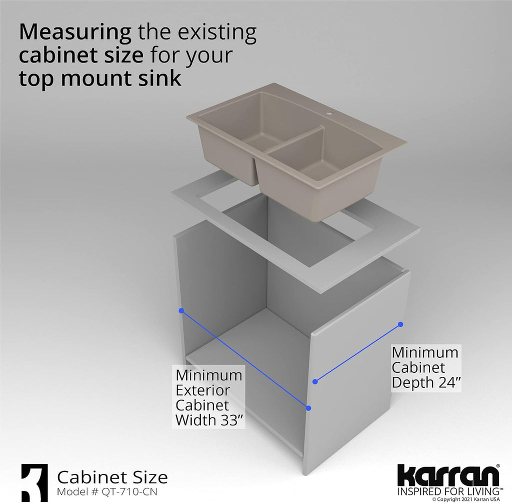 Karran QT-710 33 Inch Top Mount Double Bowl Kitchen Sink, 50/50 Low Divide Quartz Composite Drop-In Sink, Rear Drain, Heat and Scratch Resistant, Concrete