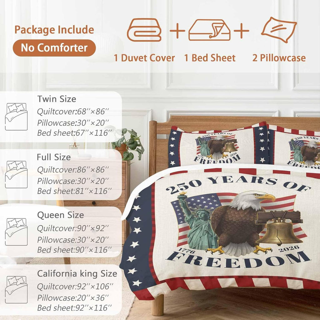 250 Years of Freedom Duvet Cover Set Queen Size 4 Pieces Independence Day Bald Eagle Star Stripe Bedding Set with Zipper Closure, 1 Comforter Cover 90x92 Inches 1 Flat Sheet & 2 Pillow Cases