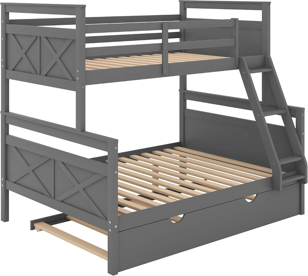 Twin Over Full Bunk Bed with Inclined Ladder and Twin Size Trundle,Bedroom Wood Bed Frame W/Safety Full-Length Guardrail & No Box Spring Required,for Girl Boy Kid,Gray