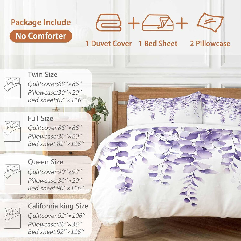Purple Leaves Duvet Cover Set Queen Size 4 Pieces Eucalyptus Leaf Watercolor Plant Botanical Bedding Set with Zipper Closure, 1 Comforter Cover 92x106 Inches 1 Flat Sheet & 2 Pillow Cases