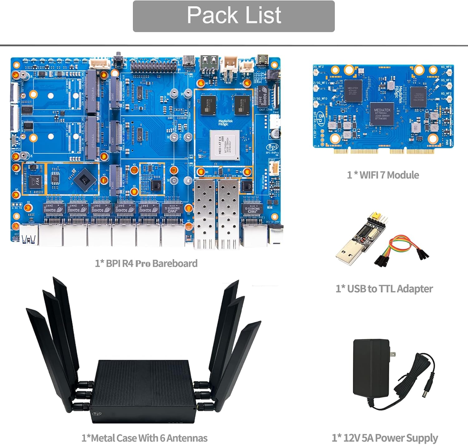 youyeetoo BPI-R4 Pro 8X/4E WiFi 7 Router Board, 8GB DDR4 MT7988A Cortex-A73 1.8GHz, 2x10G SFP+ 4x2.5GbE Ports, Support OpenWrt for Advanced Networking/NAS (Case & WiFi 7 kit,R4 Pro 8X)