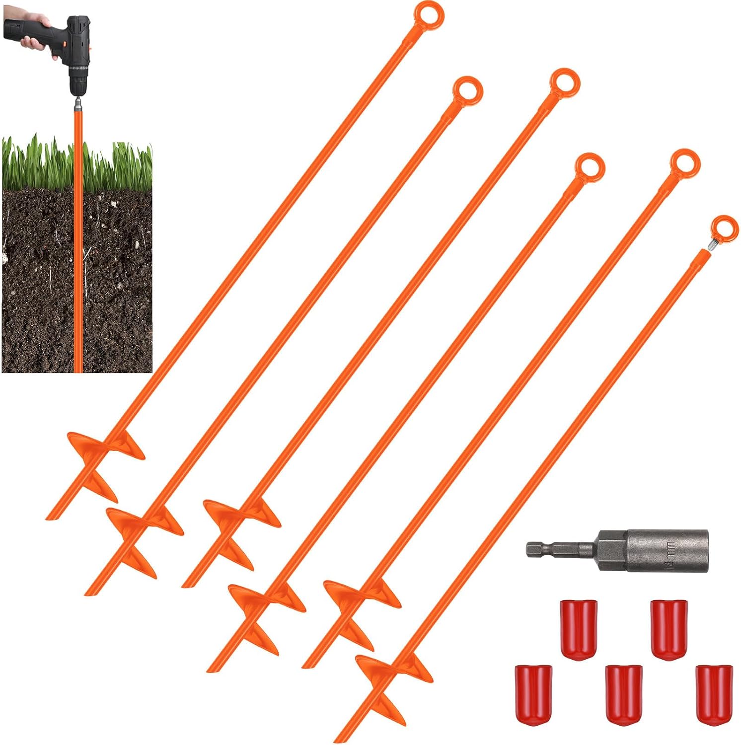 Lasnten 12 Pcs 30 Inch Long Spiral Ground Anchor Heavy Duty Blade Earth Anchor Kit Metal Anchors Hook Beach Sand Stakes Camping for Securing Animals, Shelters, Tents, Canopies (Orange)