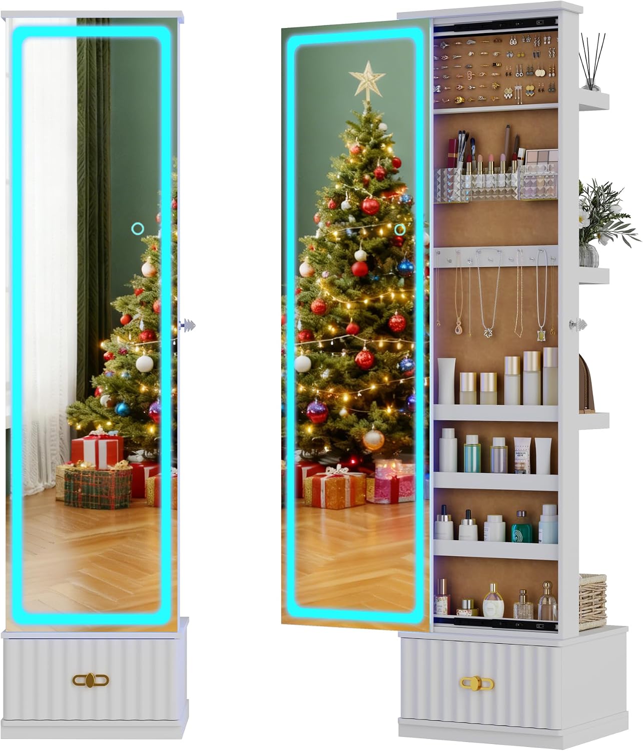 HNEBC LED Jewelry Cabinet Standing, Full Length Mirror with Storage/3 Color Adjustable LIghts, Jewelry Armoire has 3 Photo Frames/4 Shelfs/1 Drawer,Space-Saving Organizer,Gifts for Women