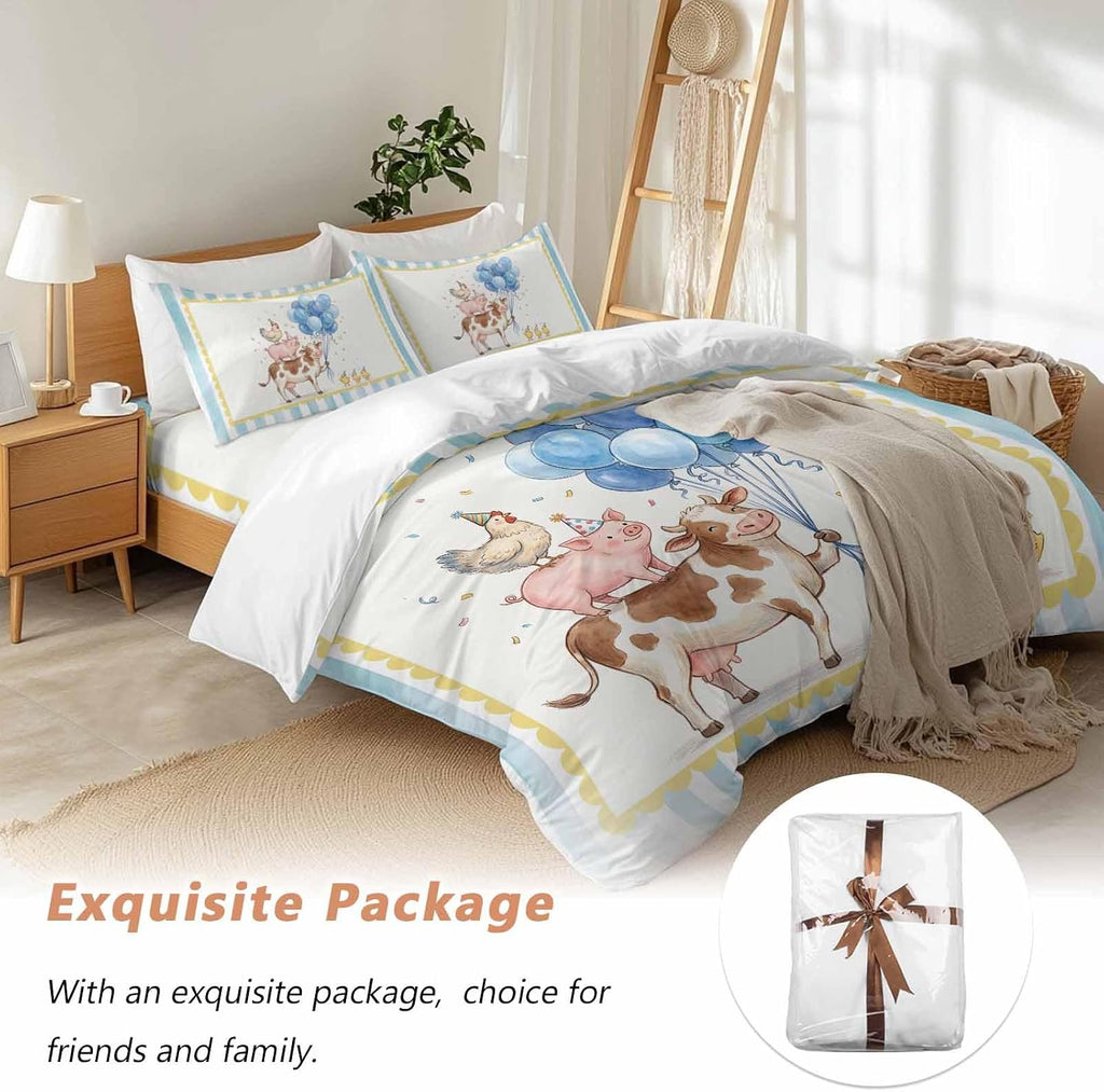 Pig Cow Duvet Cover Set Queen Size 4 Pieces Hen Chicks Blue Balloons Watercolor Animal Yellow Border Striped Bedding Set with Zipper Closure,1 Comforter Cover 92x106 Inches 1 Flat Sheet&2 Pillow Cases