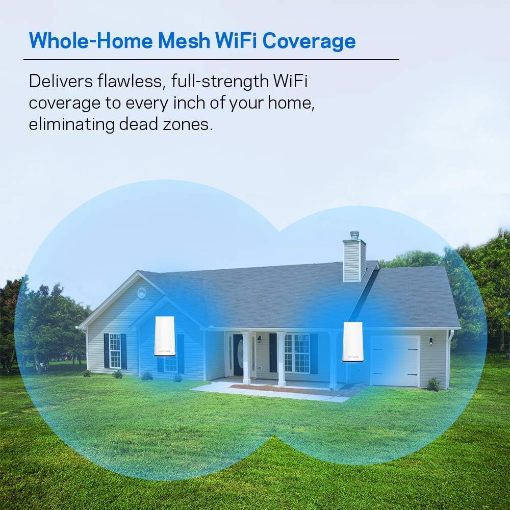 Linksys Velop Mesh Home WiFi System, 3,000 Sq. ft Coverage, 20+ Devices, Speeds up to (AC1300) 1.3Gbps - WHW0102